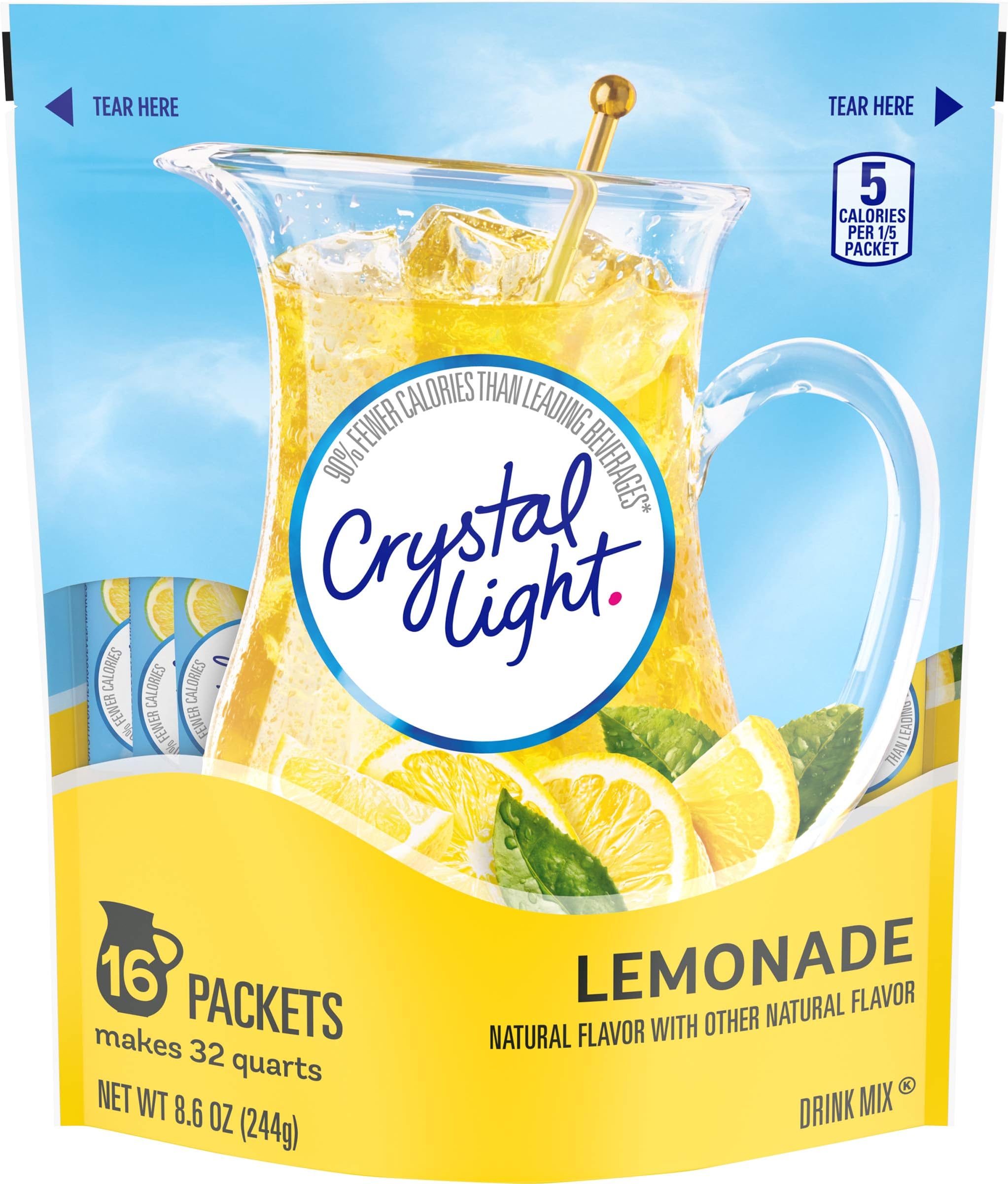 Crystal Light Sugar-Free Lemonade Naturally Flavored Powdered Drink Mix 16 Count Pitcher Packets