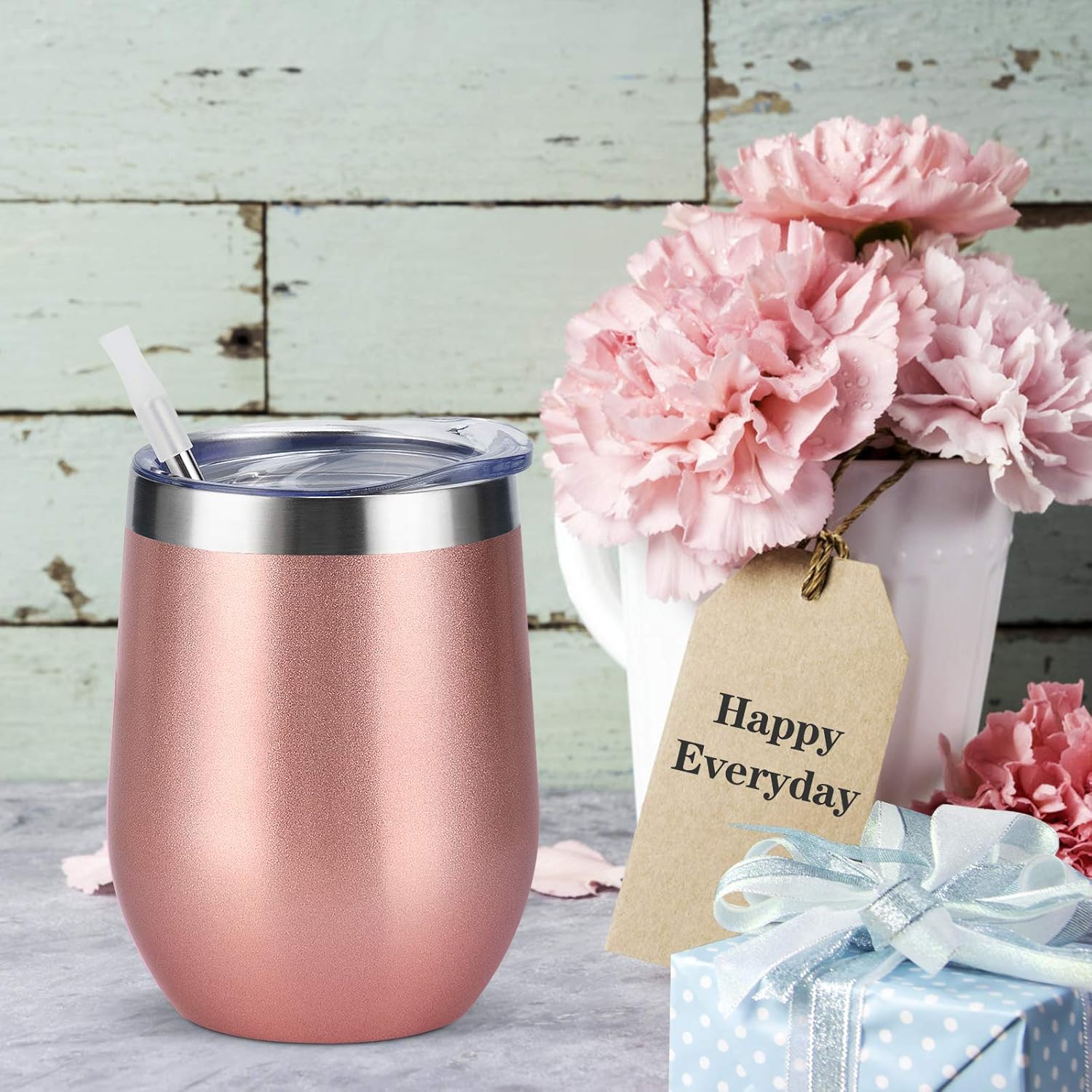 6 Pack Stainless Steel Wine Tumblers, 12Oz Insulated Wine Tumbler, Double Wall Insulated Wine Glass, Stainless Steel Stemless Wine Cups with Lids for Coffee, Wine, Cocktails, Champaign, Rose Gold… - Image 2
