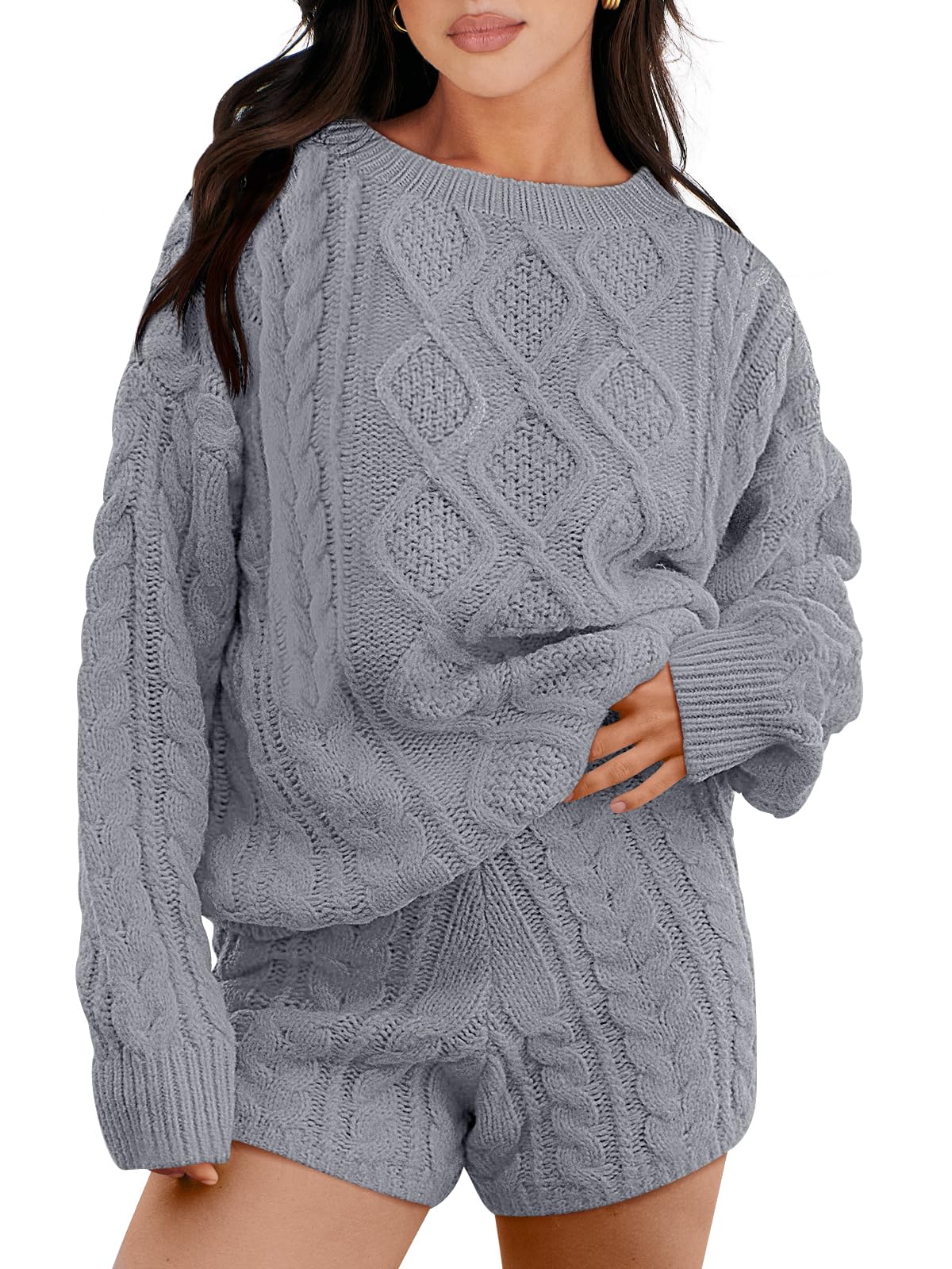 CaraciliaWomen's 2 Piece Outfits Long Sleeve Chunky Warm Cable Knit Oversized Sweaters 2023 Winter Lounge Sets