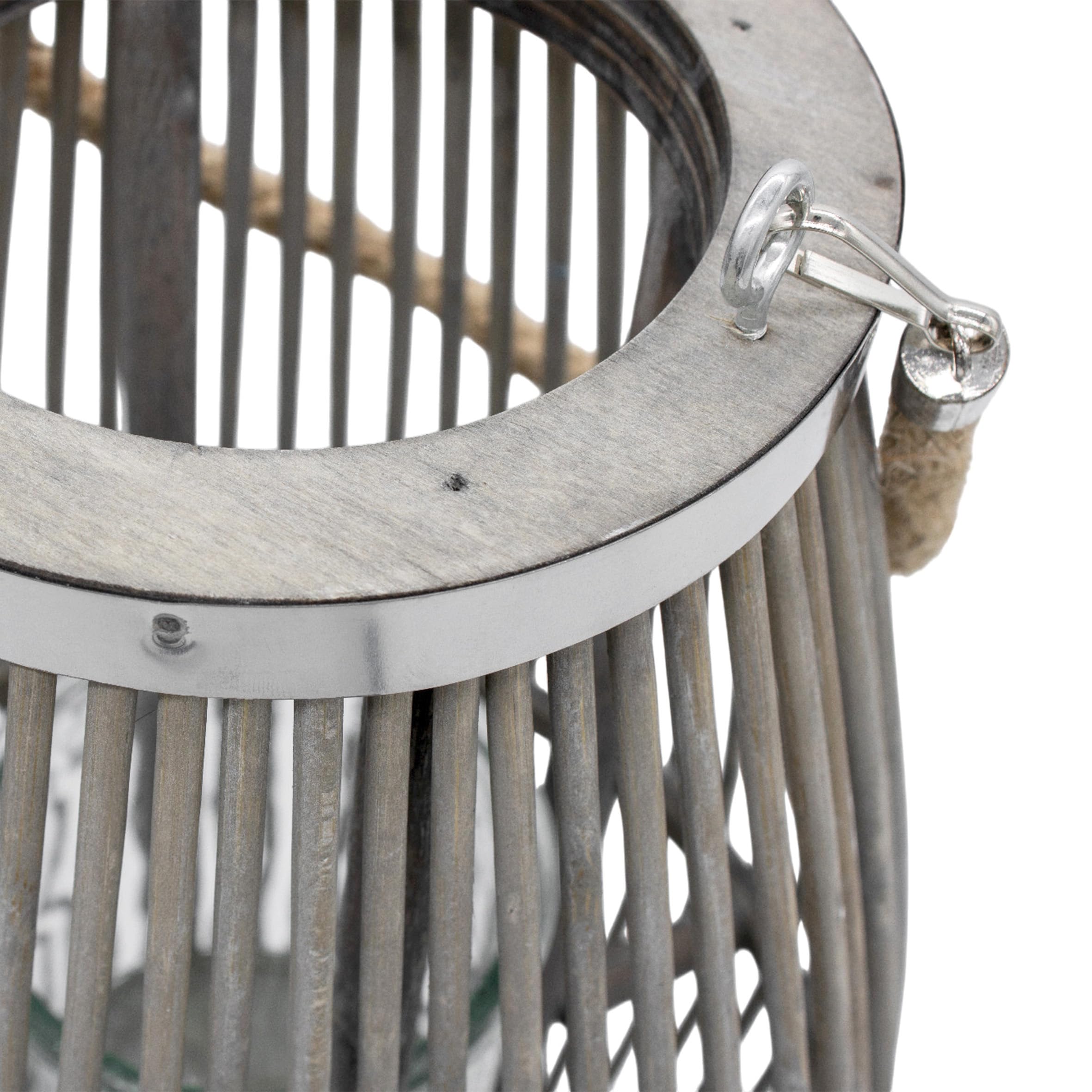 XXL Bambus Laterne Shabby grau mit Kerzenglas - 50 x 24 cm - Holz Windlicht mit Jute Seil zum Hängen - Garten Deko Kerzenhalter Gartenlaterne Leuchte zum Hängen für Balkon Terrasse Innen Außen
