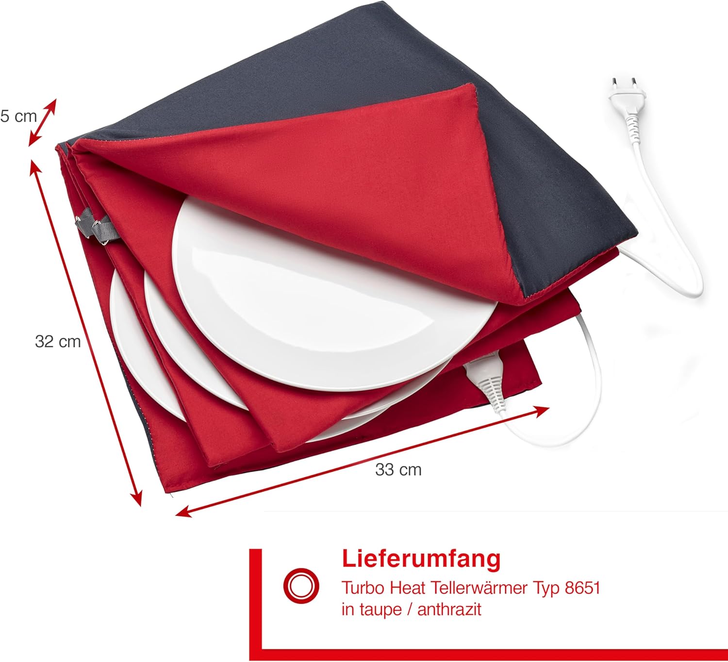 An image showing the dimensions of the Solis plate warmer: 33 cm length, 32 cm width, and 5 cm height when folded.