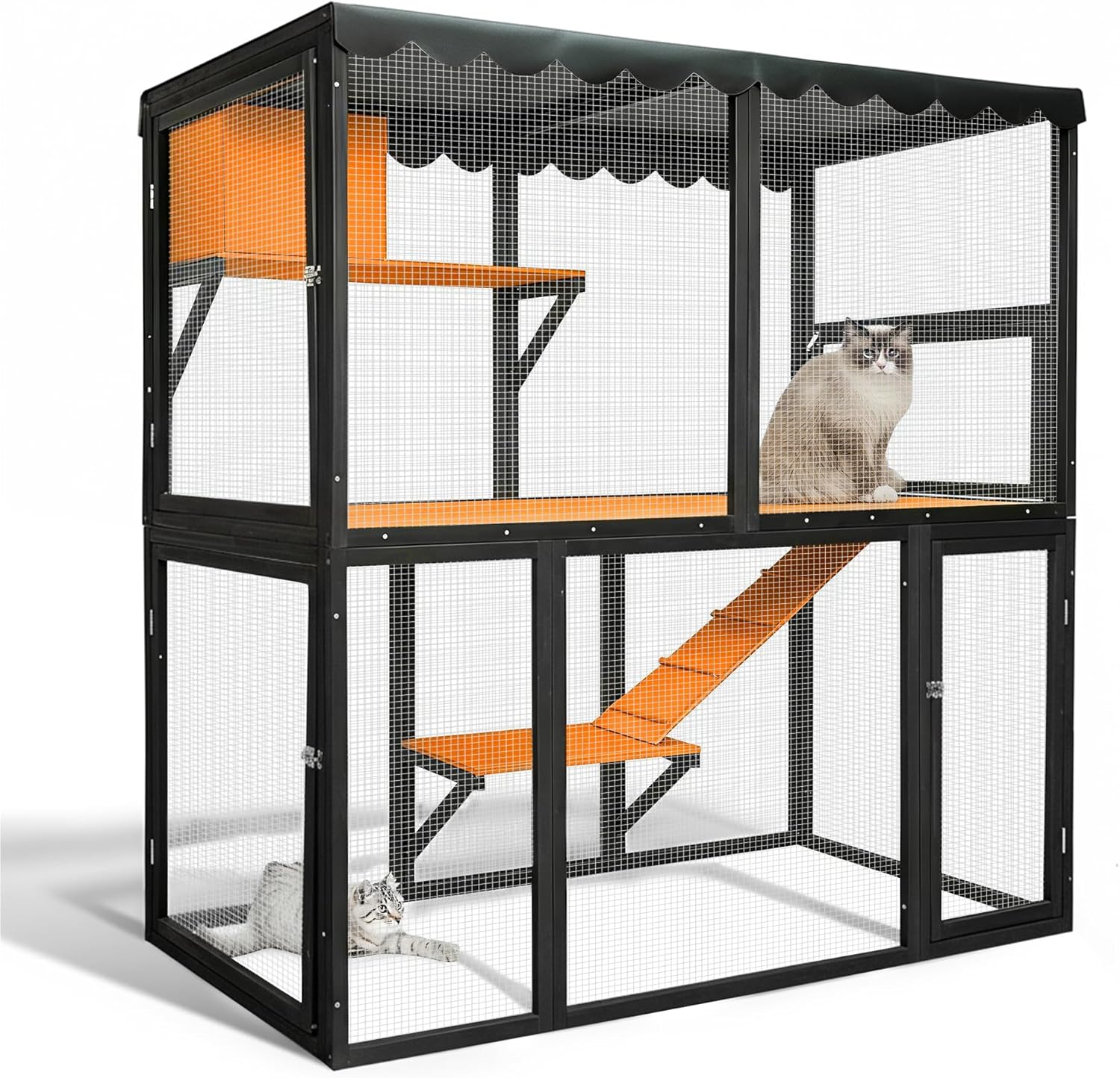 YZU Large Catio Outdoor Cat Enclosure Window 63" H Wooden Cat House for Multiple Cats Walk, Indoor 4 Tier Cat Enclosures House, Outdoor Cat Catio with Waterproof Cover, Ramp