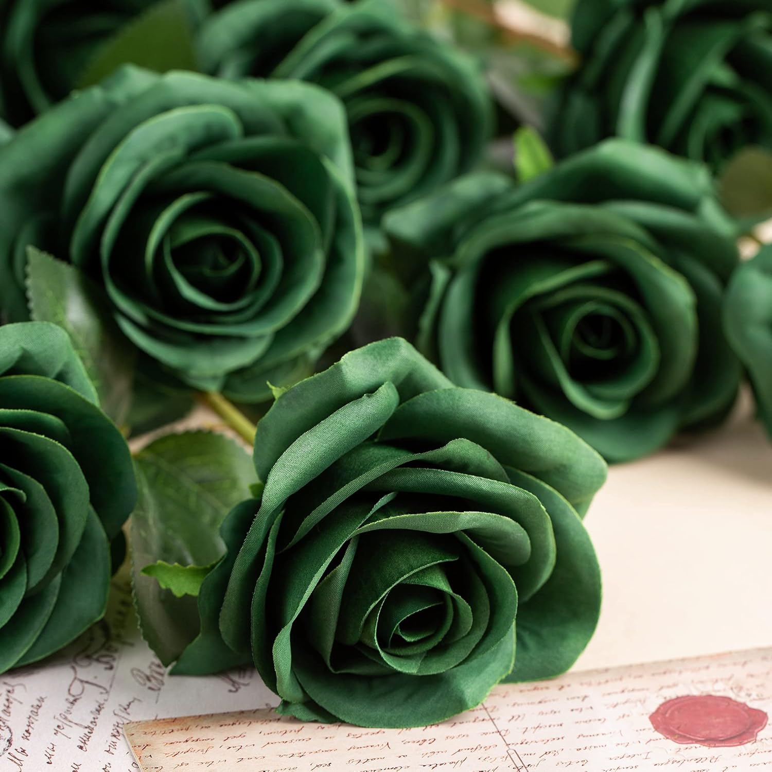 DuHouse 10pcs Fake Roses Artificial Silk Flowers Faux Rose Flower Long Stems Bouquet for Arrangement Wedding Centerpiece Party Home Kitchen Decor (Dark Green) - Image 2