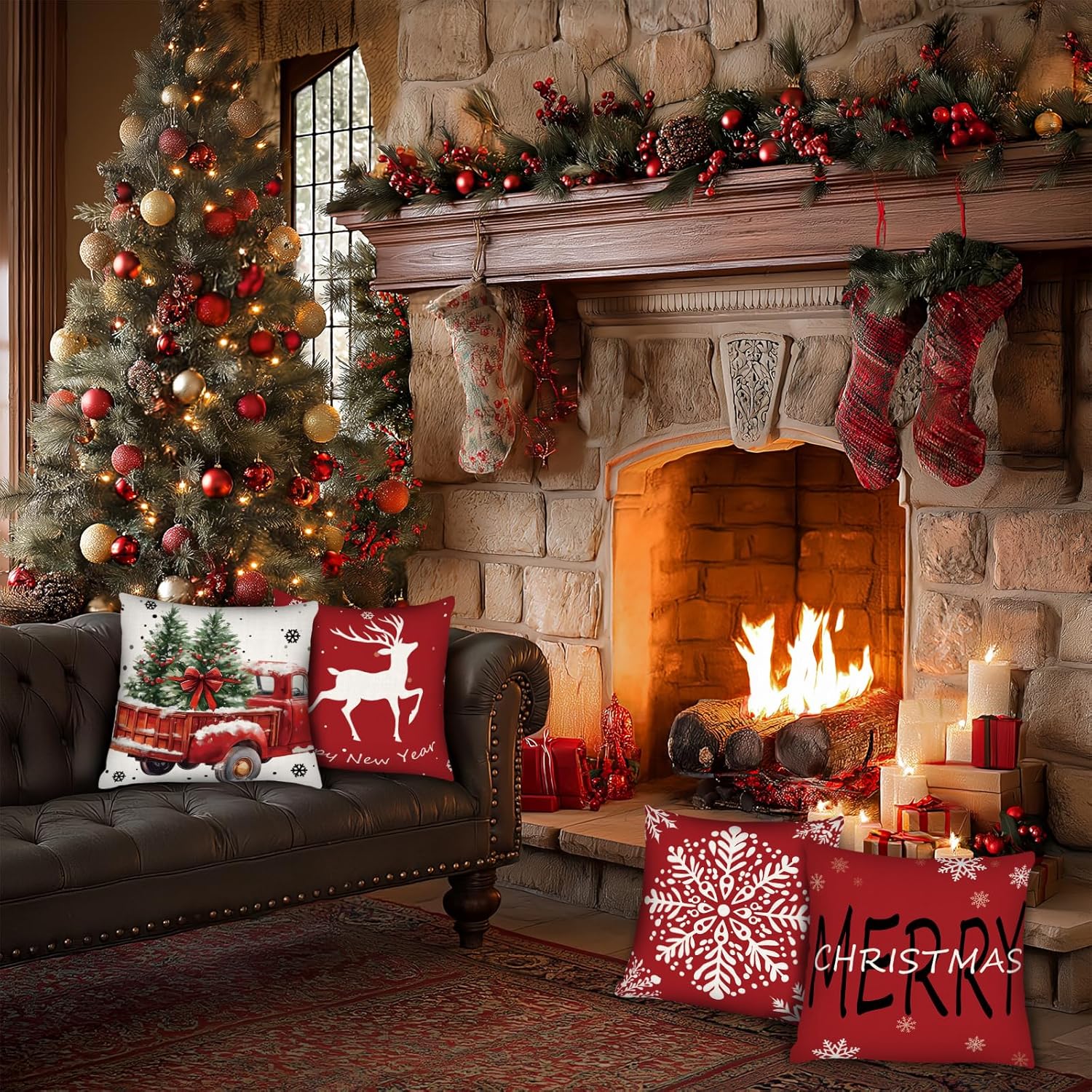PICKFORU Red Christmas Throw Pillow Covers Set of 4, 18x18 Inch Square Pillow Covers, Deer Snowflakes Pickup Trucks Cushion Case for Sofa Living Room - Image 6
