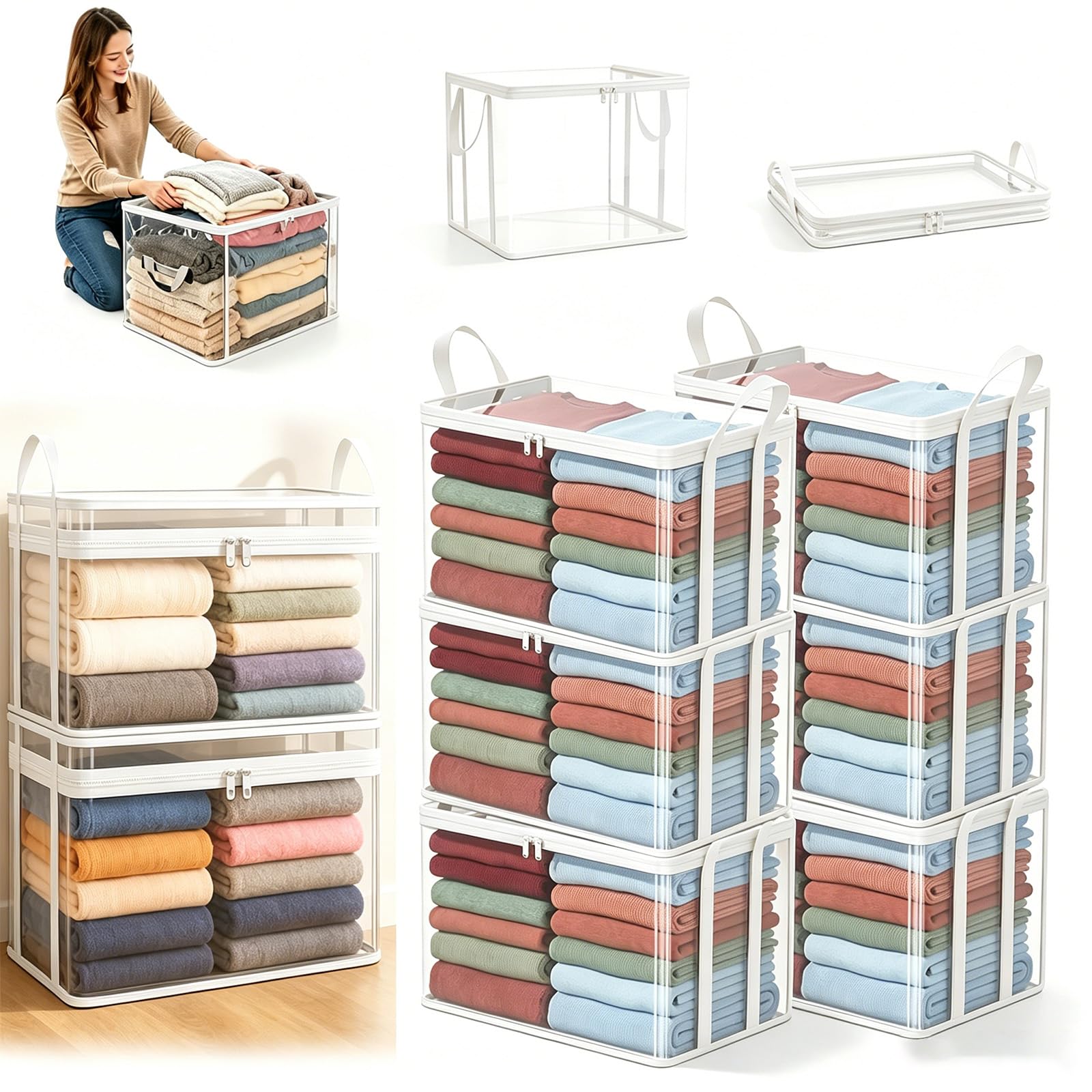 Caja de Almacenamiento Grande de Plástico Transparente y Grueso con Tapa Abatible, Caja de Almacenamiento Transparente de Alta Resistencia (White*6,M(12.6 × 9.4 × 15 in))