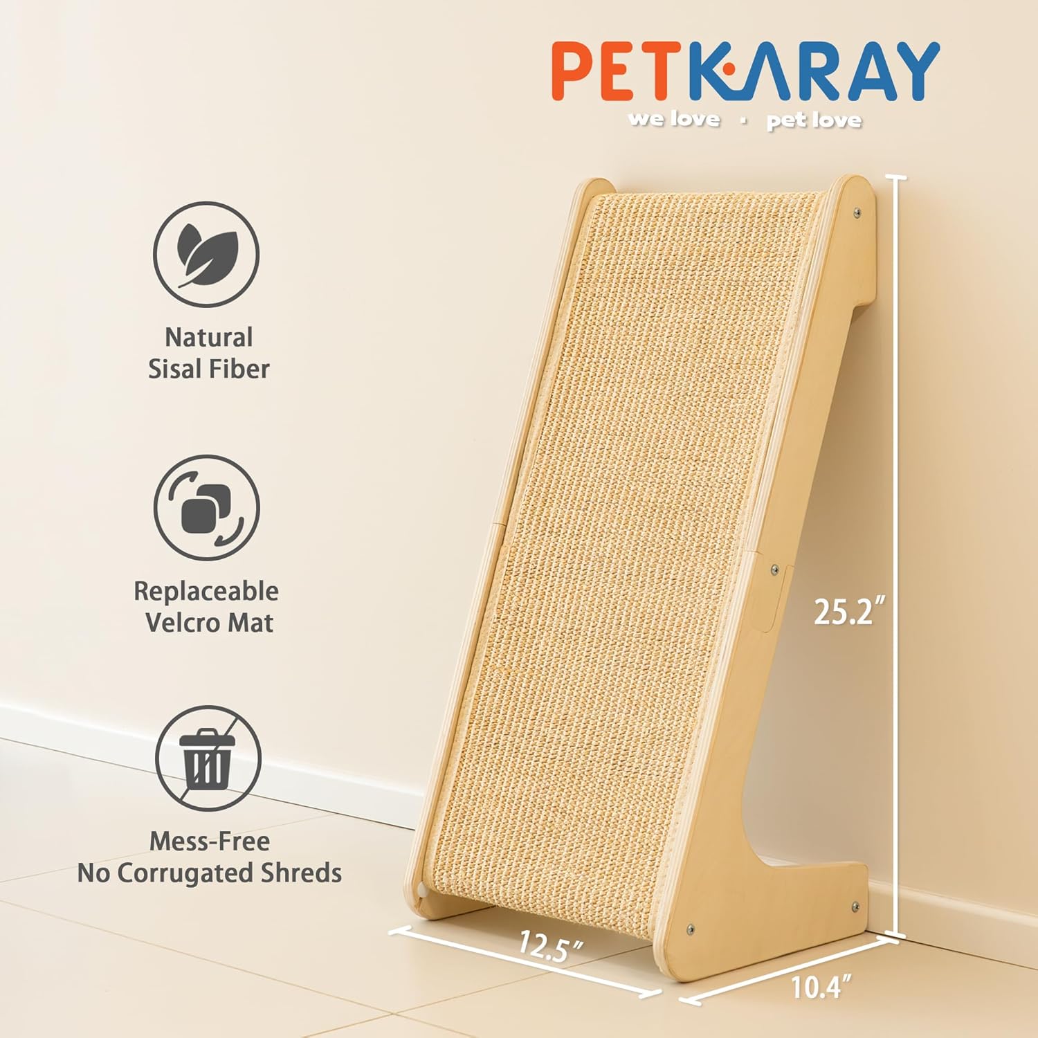 PETKARAY L型猫スクラッチャー、サイザル麻子猫スクラッチスロープ 25.5インチ 垂直スクラッチパッド 屋内猫用家具プロテク