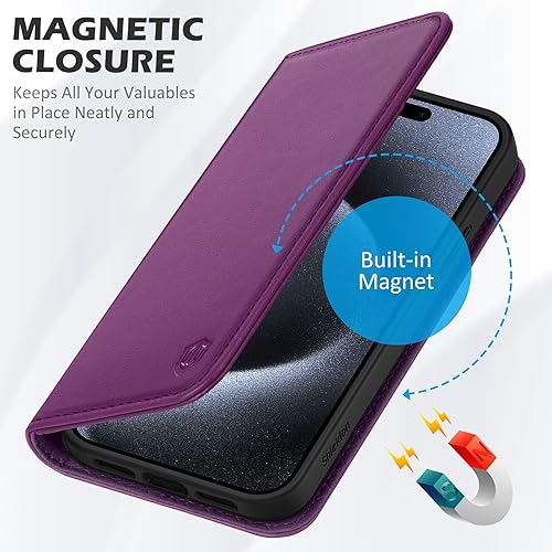 Miniatura 6 de SHIELDON Funda tipo cartera para iPhone 15 Pro de 6.1 pulgadas, funda de cuero genuino con tapa con bloqueo RFID, ranuras para tarjetas de crédito,