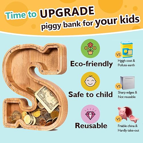 Miniatura 322 de SummiDate Alcancía de madera con nombre, niños y niñas, tamaño grande, letras alfabeto A-Z, monedas y billetes, inicial en cubierta transparente