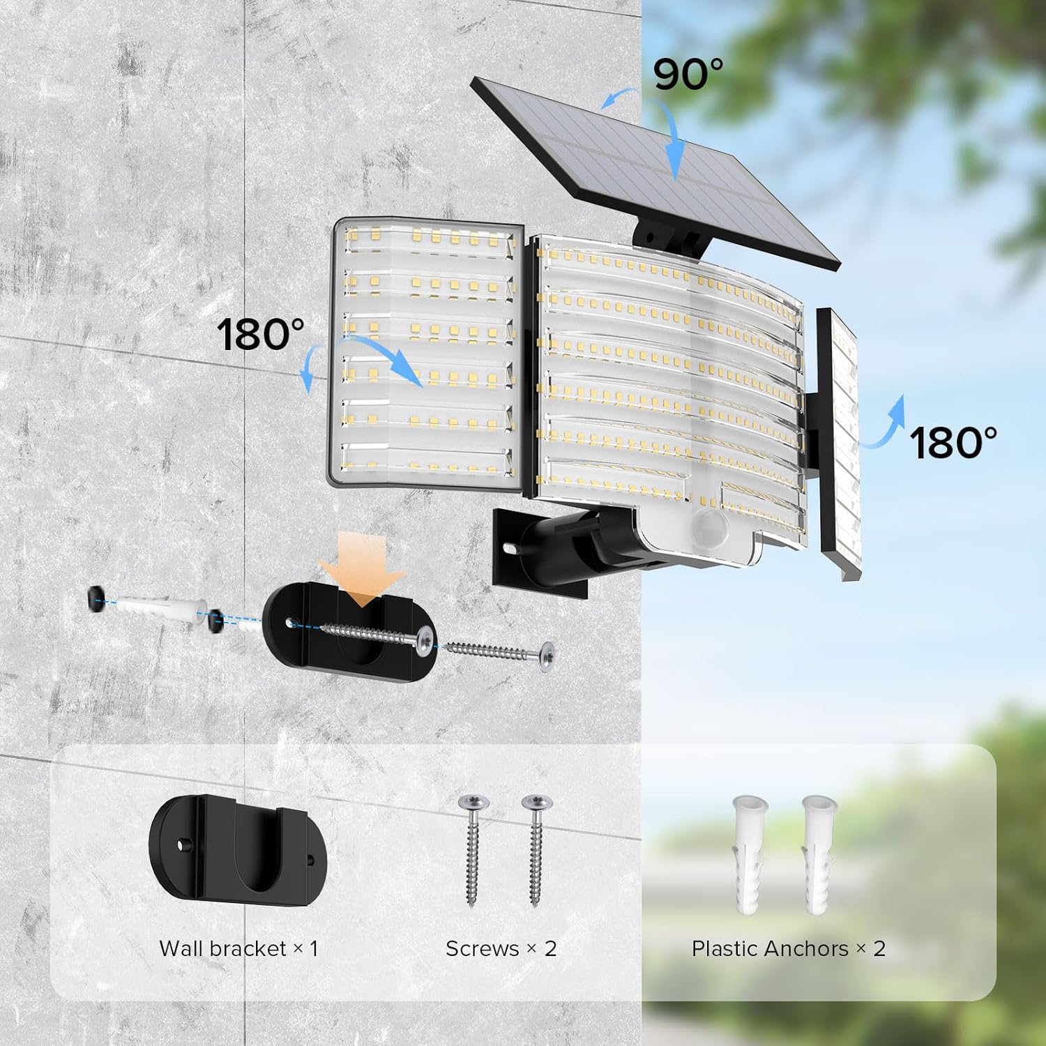 JJX Solar Outdoor Lights 3000LM 238 LED, 1 Pack 3-Head Motion Sensor Outdoor Lights, 6500K IP65 Waterproof 3 Lighting Modes Solar Security Light for Yard Garden Driveway with Remote Control