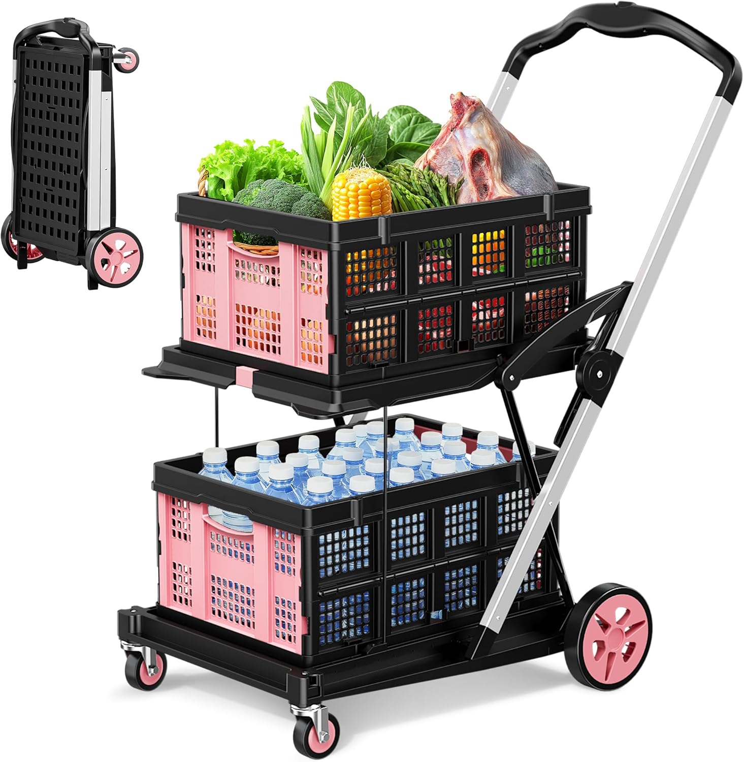 Collapsible Shopping Cart with Wheels, 8-in-1 200LBS Multi Functional Utility Cart with 2 Storage Crate, Grocery Cart with Adjustable Handle, Foot Brake for Shopping/Warehouse/Office/Supermarket-Pink