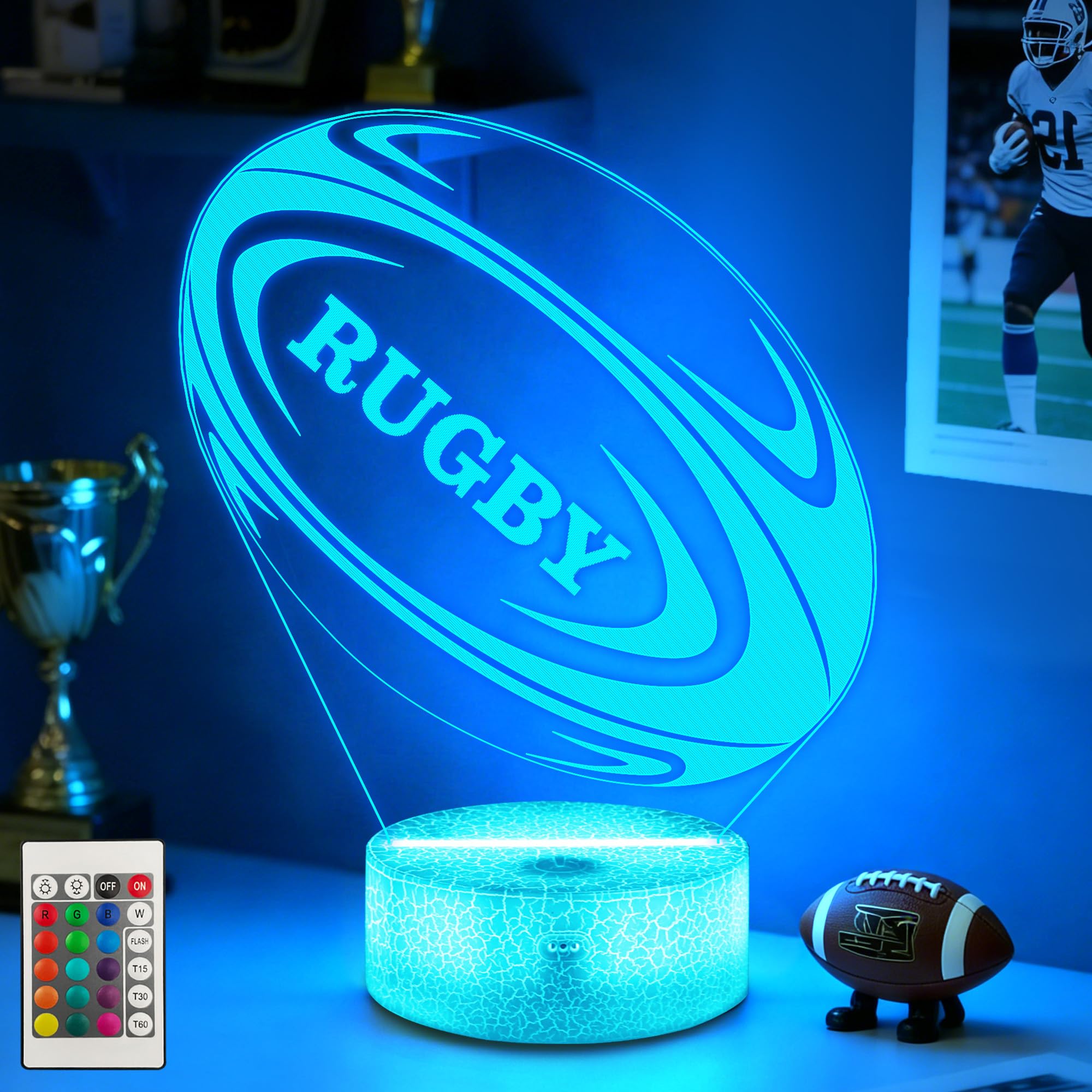 Okayera Rugby 3D Night Light,Remote with 16 Colors Changing,Dimmer and Timer,Sports Decor Gifts for Boys Men Coaches
