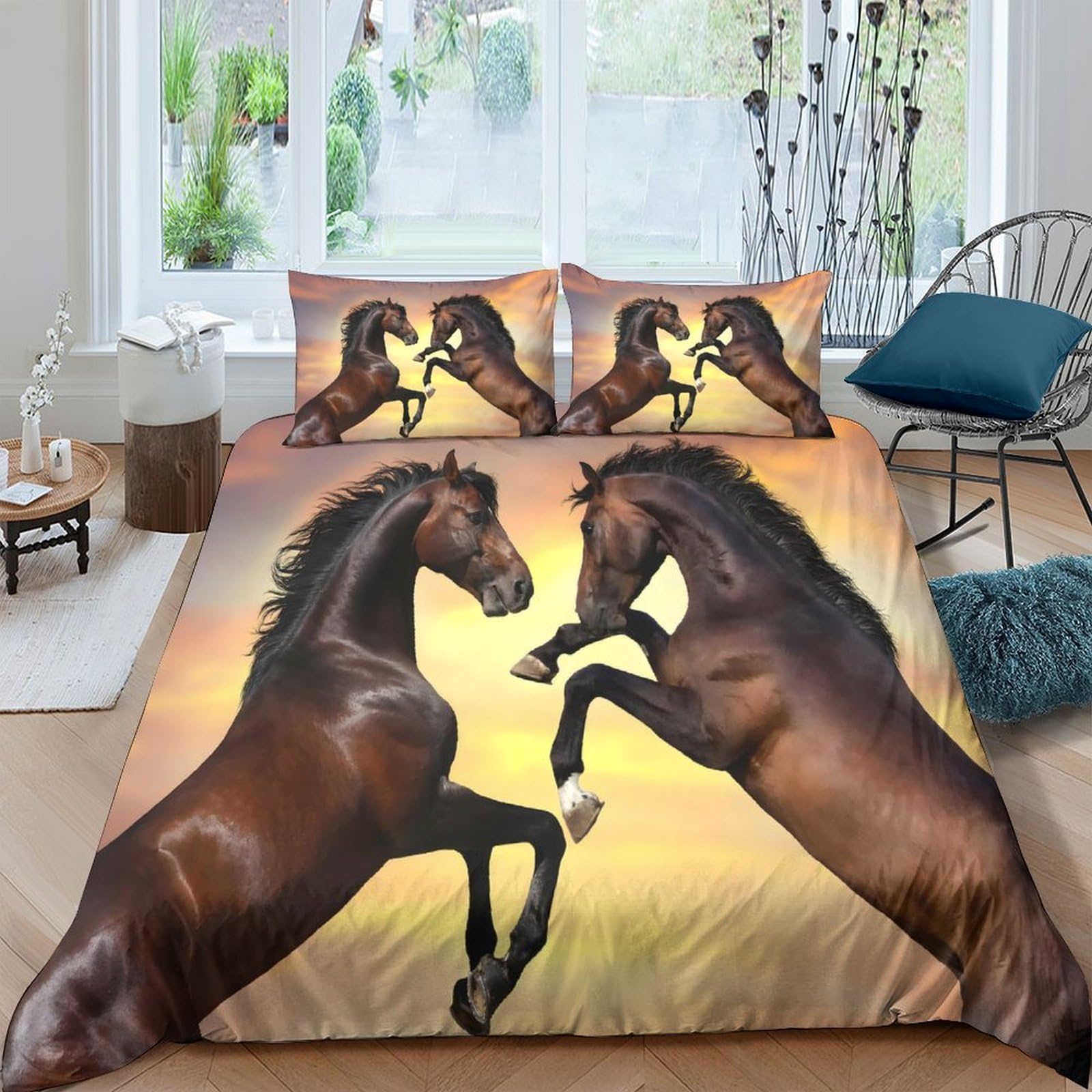 Ctjqhvkz Style-10 3D Printed Brown Horse Fitted Sheet Microfiber Soft Mattress Cover Sunset Running Horses For Bedroom Guest Room Decor Single（135X200cm）