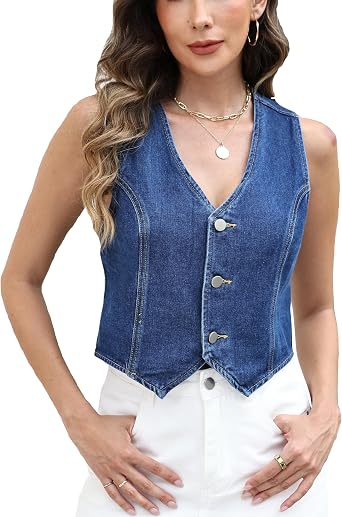 Ladyful Crop Denim Vest Women Jean Vest Top Summer Y2K Trendy Button Down Sleeveless Western Cowgirl Jean Top Coat