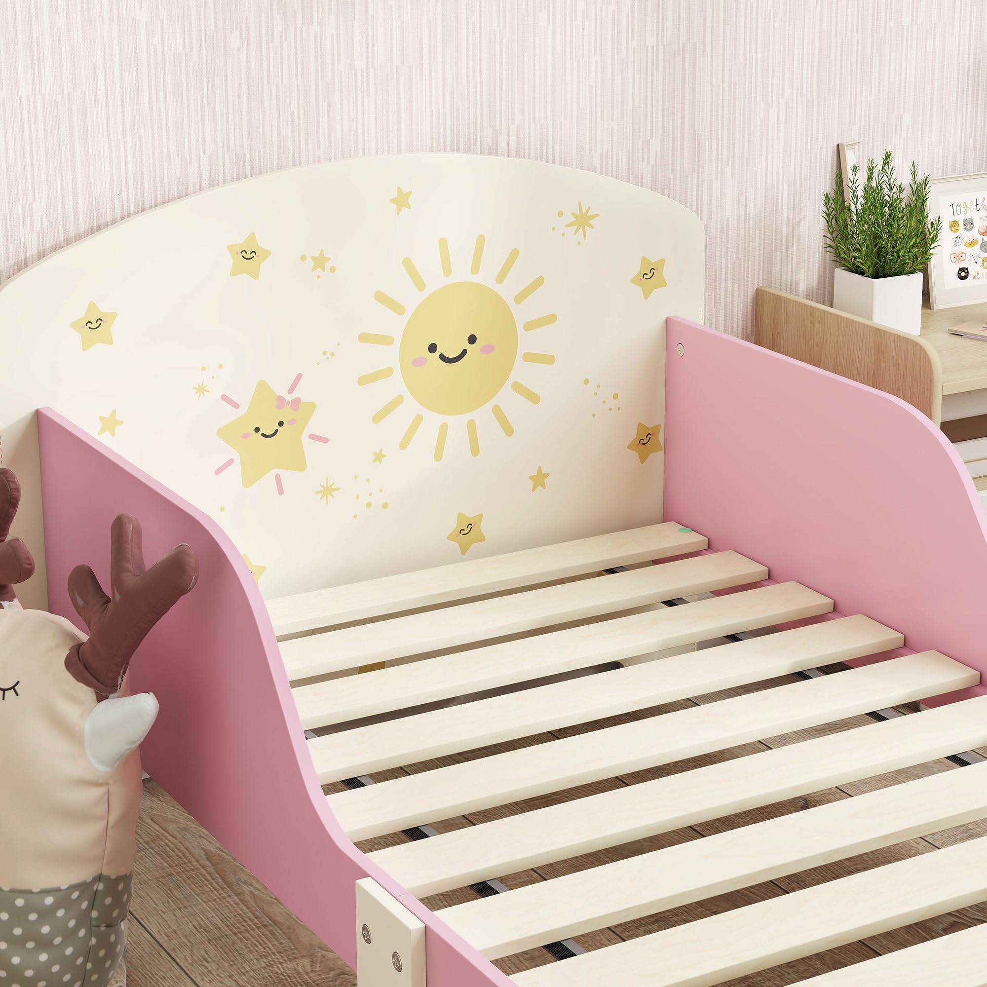 AIYAPLAY Letto per Bambini 3-8 Ann Basso con Spazio Contenitore e Sponde Laterali, Lettino per Bambini in MDF e Compensato, 150x77x60 cm, Rosa