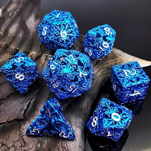 Miniatura 3 de HAOMEJA Juego de 7 dados de flores de metal hueco DND Juego de dados para juegos de rol D&D Calabozos y Dragones Flor Azul