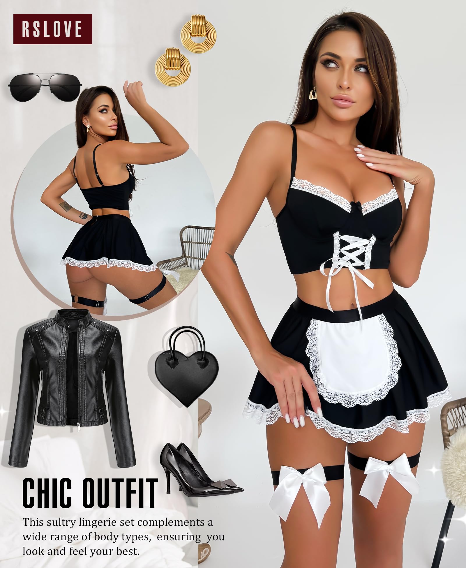 RSLOVE Ensembles de Lingerie Femme - Costumes de Femme de Ménage Sexy Robe de Nuit pour Halloween Cosplay