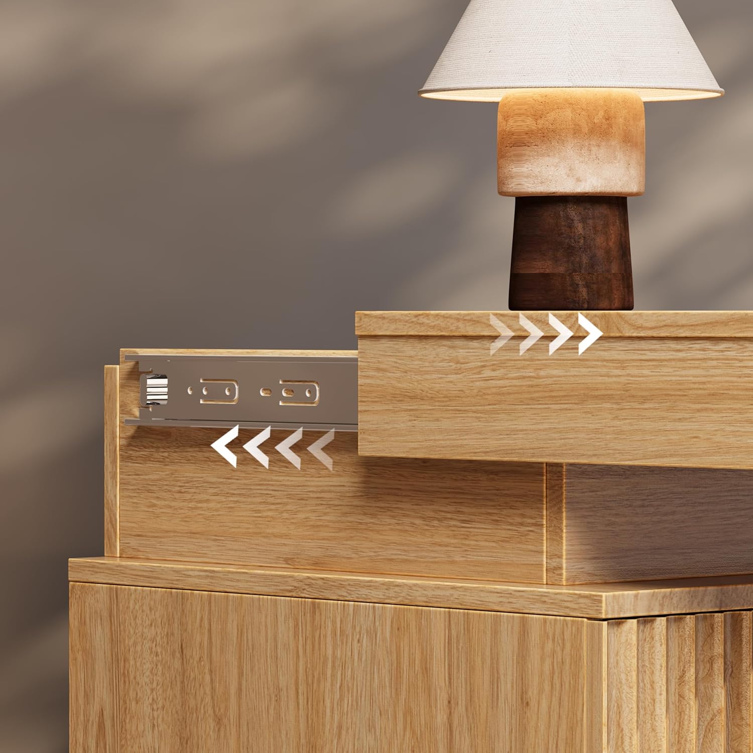 Wood Nightstand with 3 Drawers and LED Light, Mid Century Modern Fluted Night Stand with Charging Station, Bedside Table & End Table for Bedroom