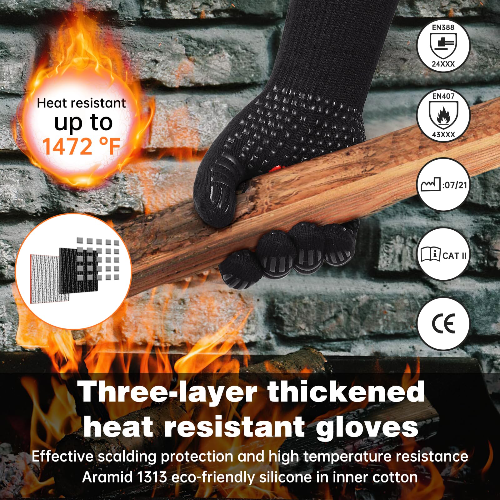 SPGOOD Guantes Barbacoa Guantes Horno Altas temperaturas Largos, BBQ Guantes Resistentes al Calor hasta 800℃ para Cocina, Parrilla, Hornear, Microondas, Chimenea Negro（L/XXL） - 4