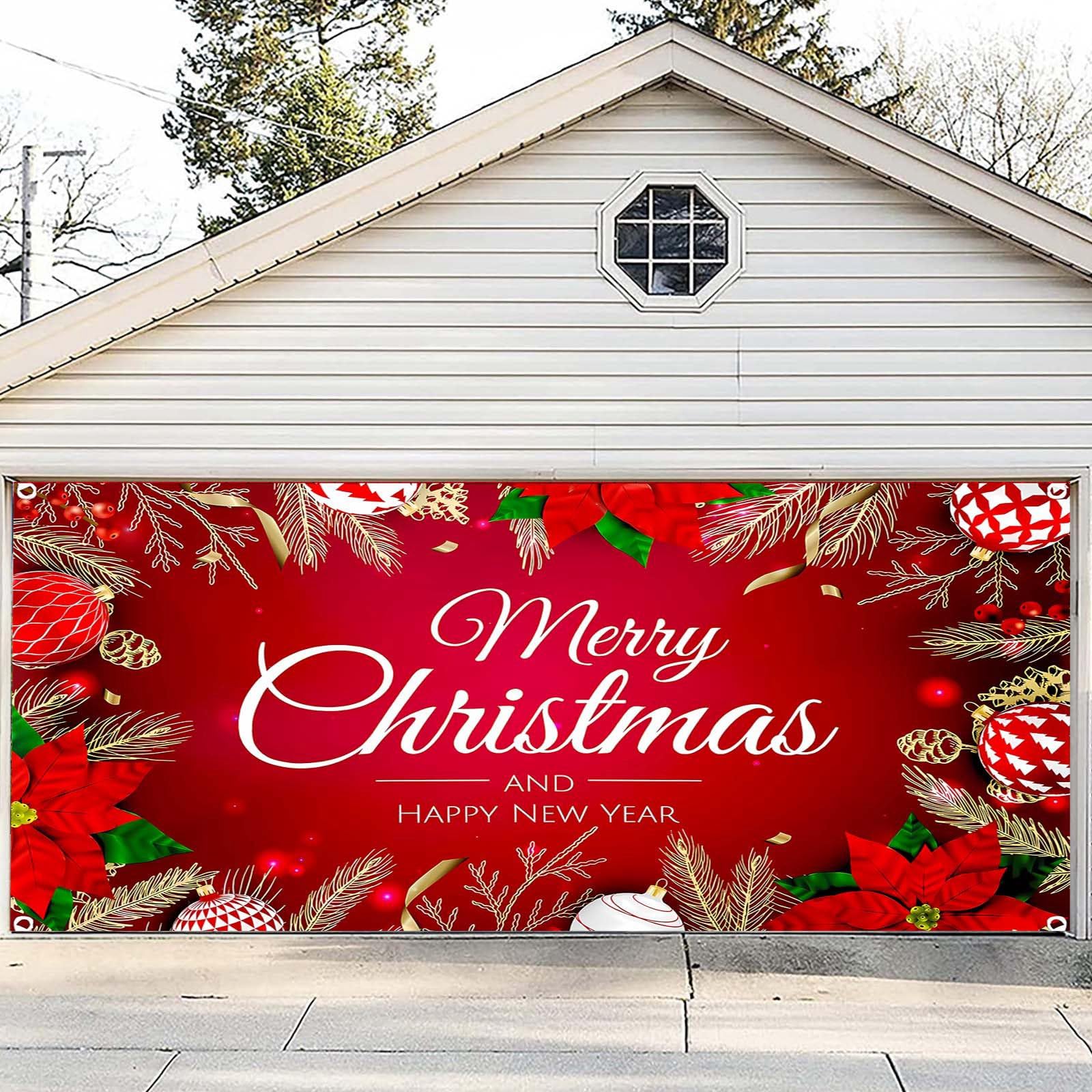 Letreros de Navidad para decoración de puerta de garaje, pancarta de Navidad para puerta de garaje, cubierta mural de 7 x 16 pies, letrero grande de feliz para vacaciones