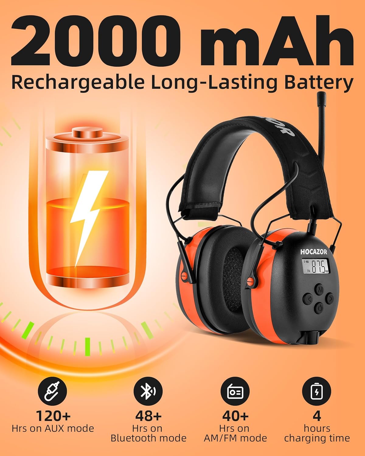 HP033 Pro Bluetooth 5.4 AM FM Radio Headphones with Type-C Charge Port Ear Protection Rechargeable Safety Earmuffs for Mowing Workshops Orange - Image 5