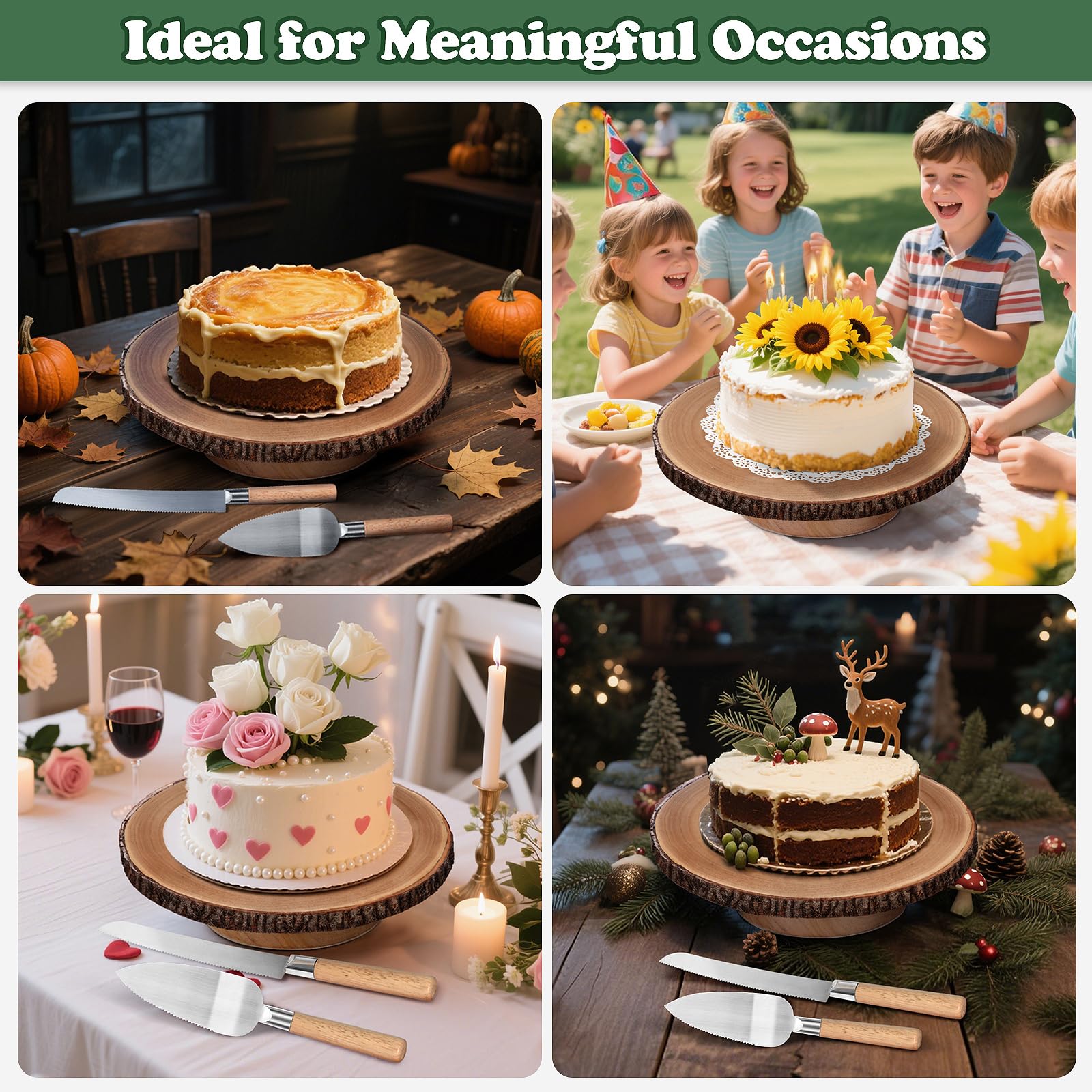 Soporte giratorio para tartas de madera de 12 pulgadas con juego de corte de pasteles, soportes de madera rústica para fiestas, bodas, regalos de horneado, eventos, decoración de pasteles