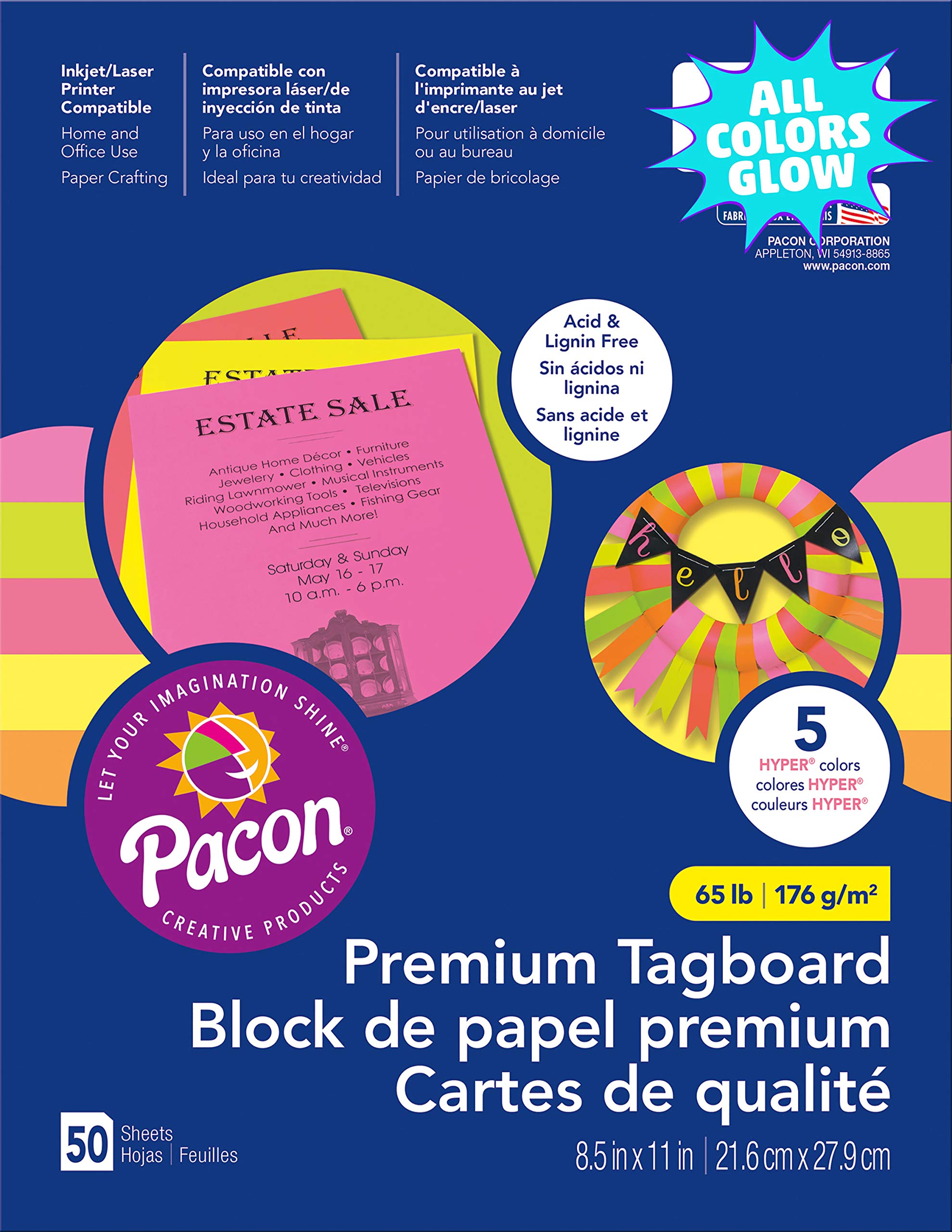 Pacon(r) PAC101161 Premium Tagboard Assortment, 65 lb., Hyper Colors, 50 Sheets