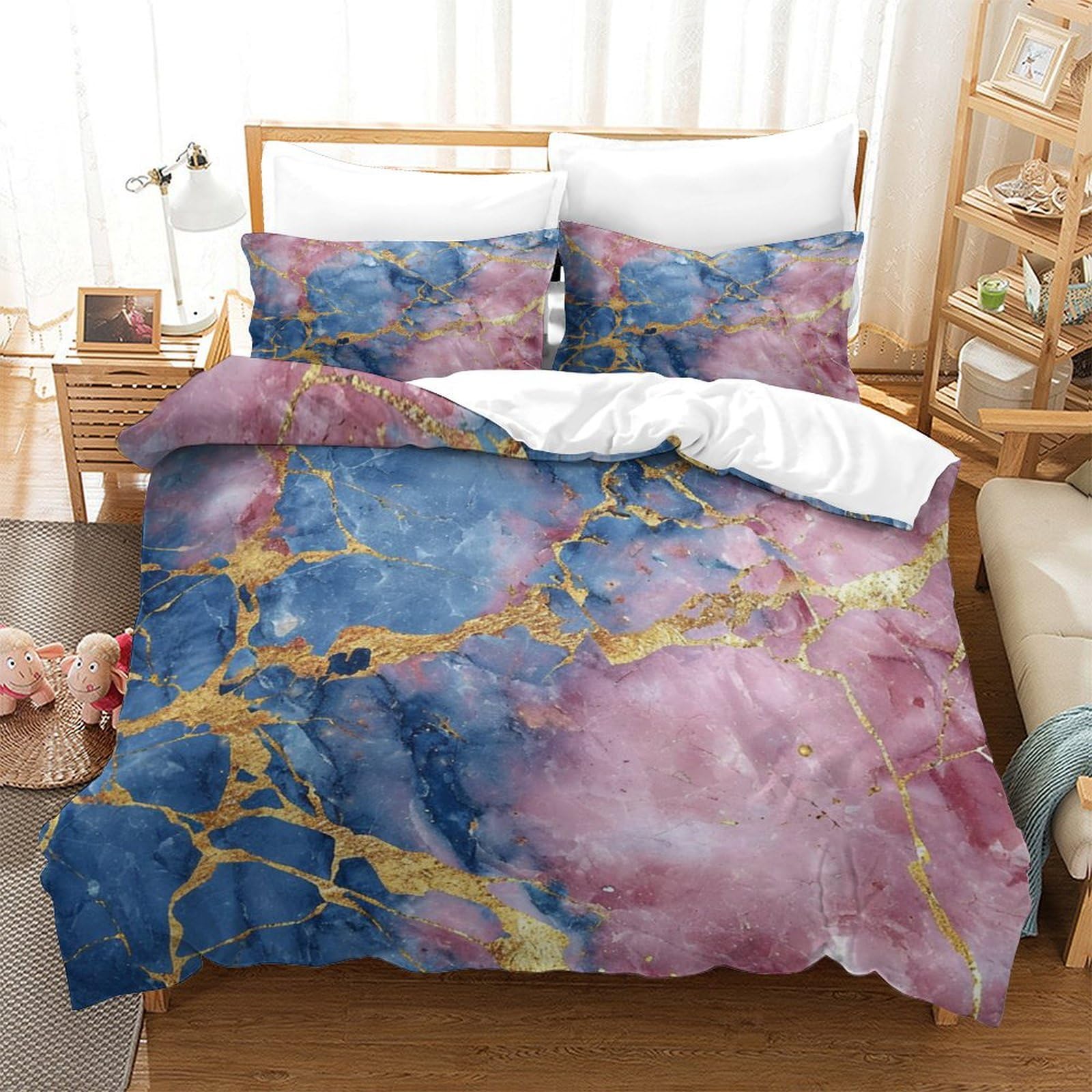 P1S9U7W5Y Abstract Marble Blue Gold 3D Printed Duvet Cover Set 3pcs Microfiber Artistic Bedding Set King（220x240cm）