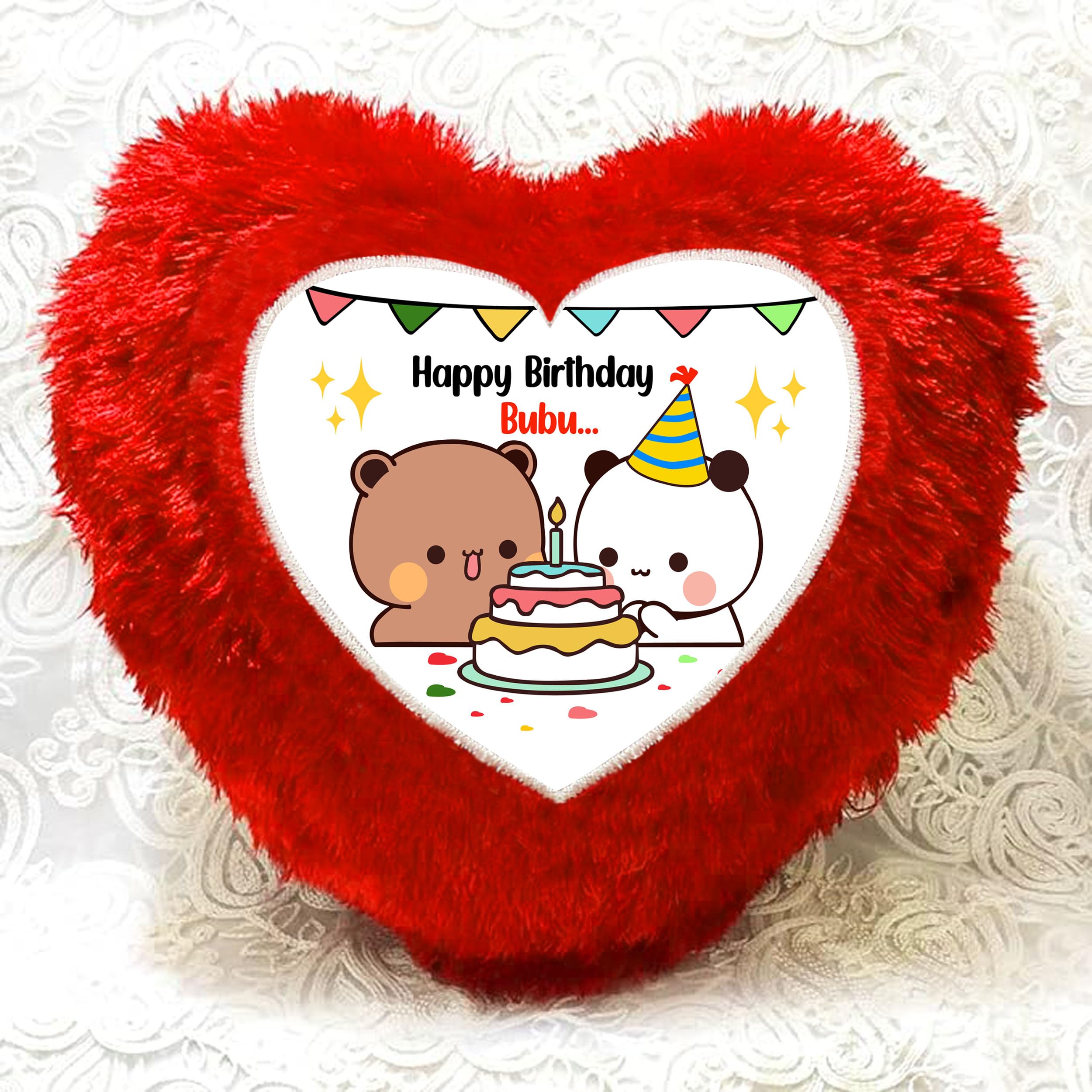Asha Gifts Bubu Dudu Red Fur Heart-Shaped Cushion for Romantic Gift for Wife Gift for Girlfriend at-6-image-43