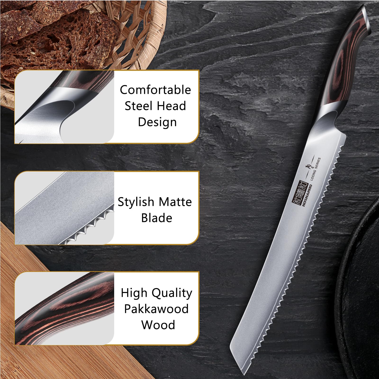 HOSHANHO Brotmesser, 25cm Gestochen Scharf Brotmesser mit Wellenschliff aus Hochgekohltem Edelstahl, Professional Bread Knife für Brot, Bagels, Kuchen