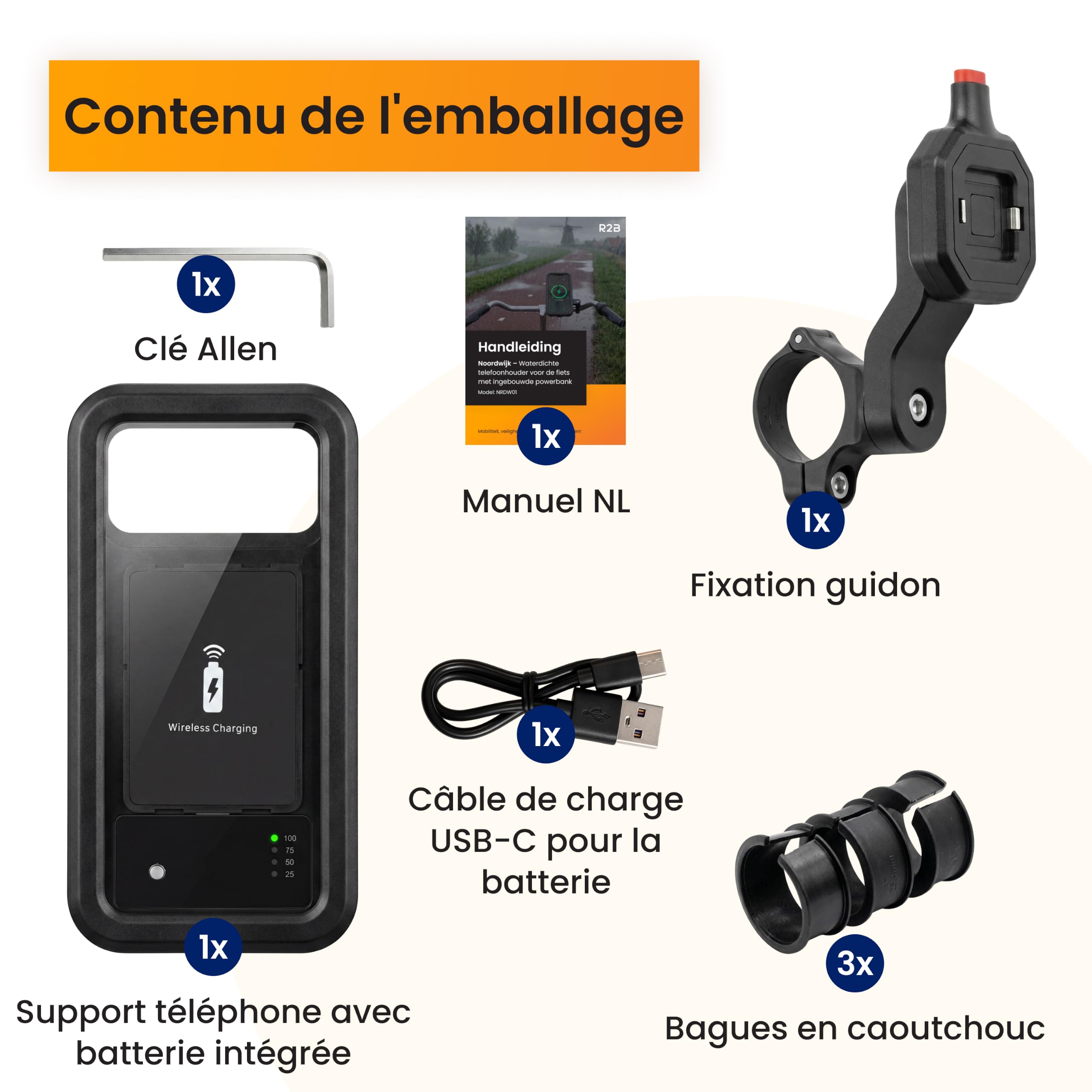 R2B Support Téléphone Vélo avec Batterie Externe 5000mAh, Support Vélo Étanche Téléphone Support Smartphone Vélo avec Charge sans Fil pour Moto, Scooter et E-Bike