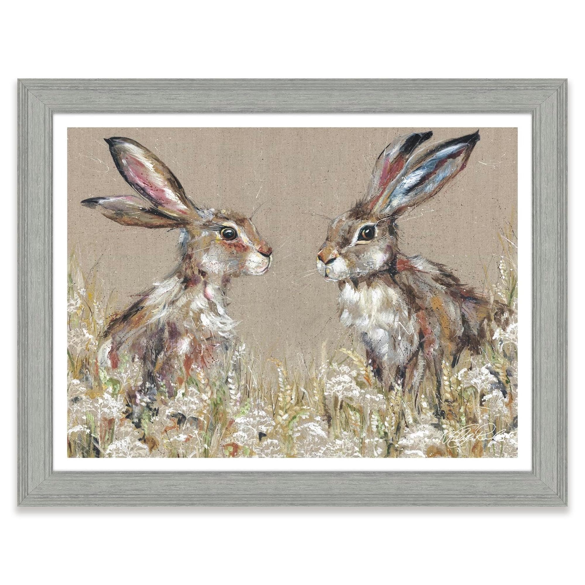 Artko Hares & Wildflowers Framed Wall Art - 'Hartley & Harriet' by Nicola Jane Rowles - Charming Animal Print - Ready to Hang Home Décor - 45cm x 35 cm