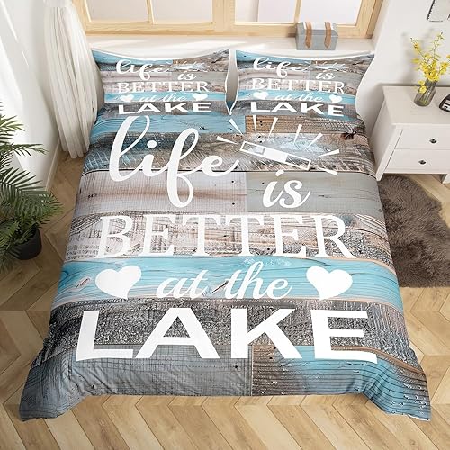 Erosebridal Juego de funda de edredón de casa de lago, tamaño Queen, estilo rústico de granja, para dormitorio de niños y niñas, funda de edredón