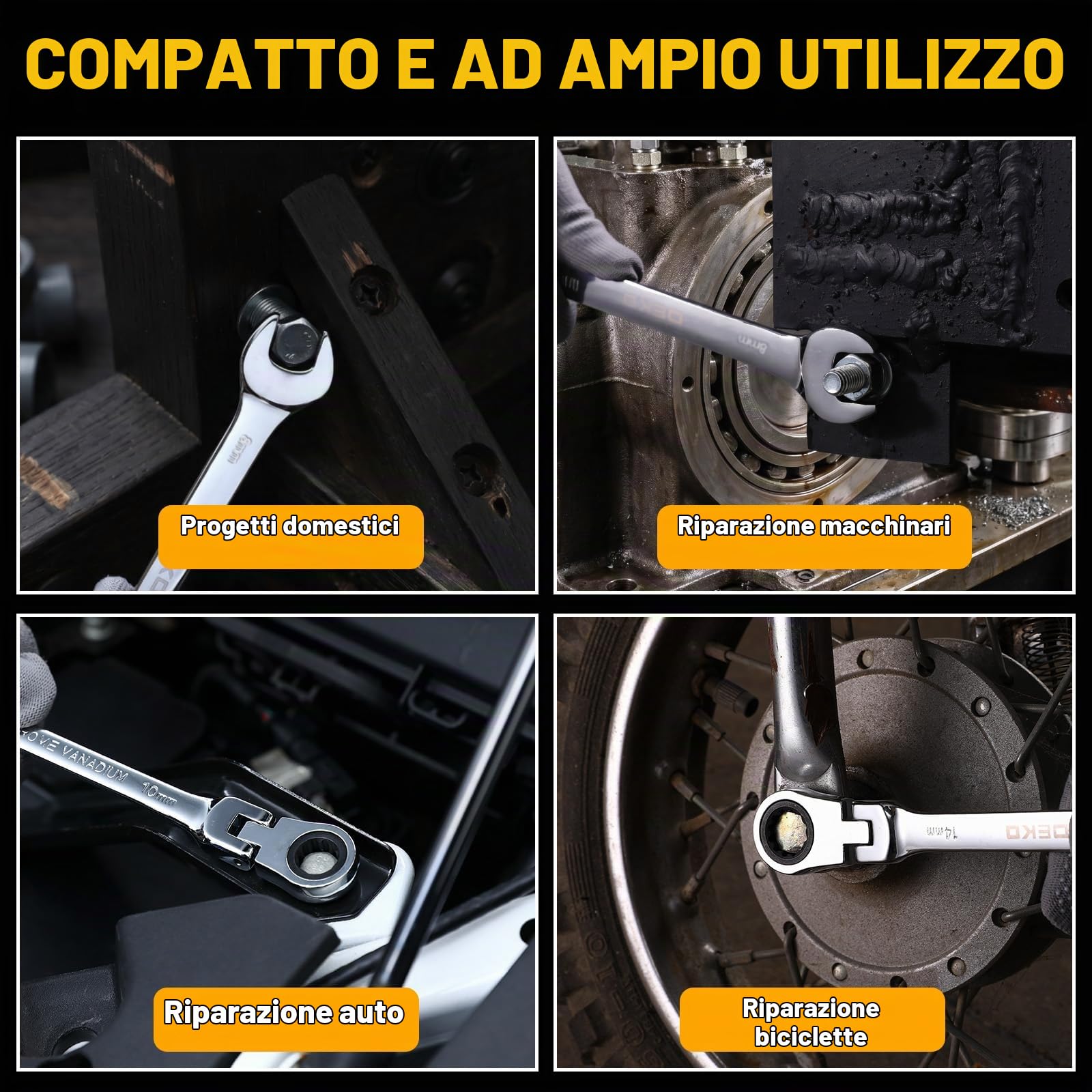 DEKOPRO Set Chiavi a Cricchetto 12 Pezzi, Metrico 8-19mm, Chiavi Inglesi Combinate con Testa Rotante 180°, Attrezzi da Lavoro in Acciaio al Cromo Vanadio per Auto, Bici, Fai da Te