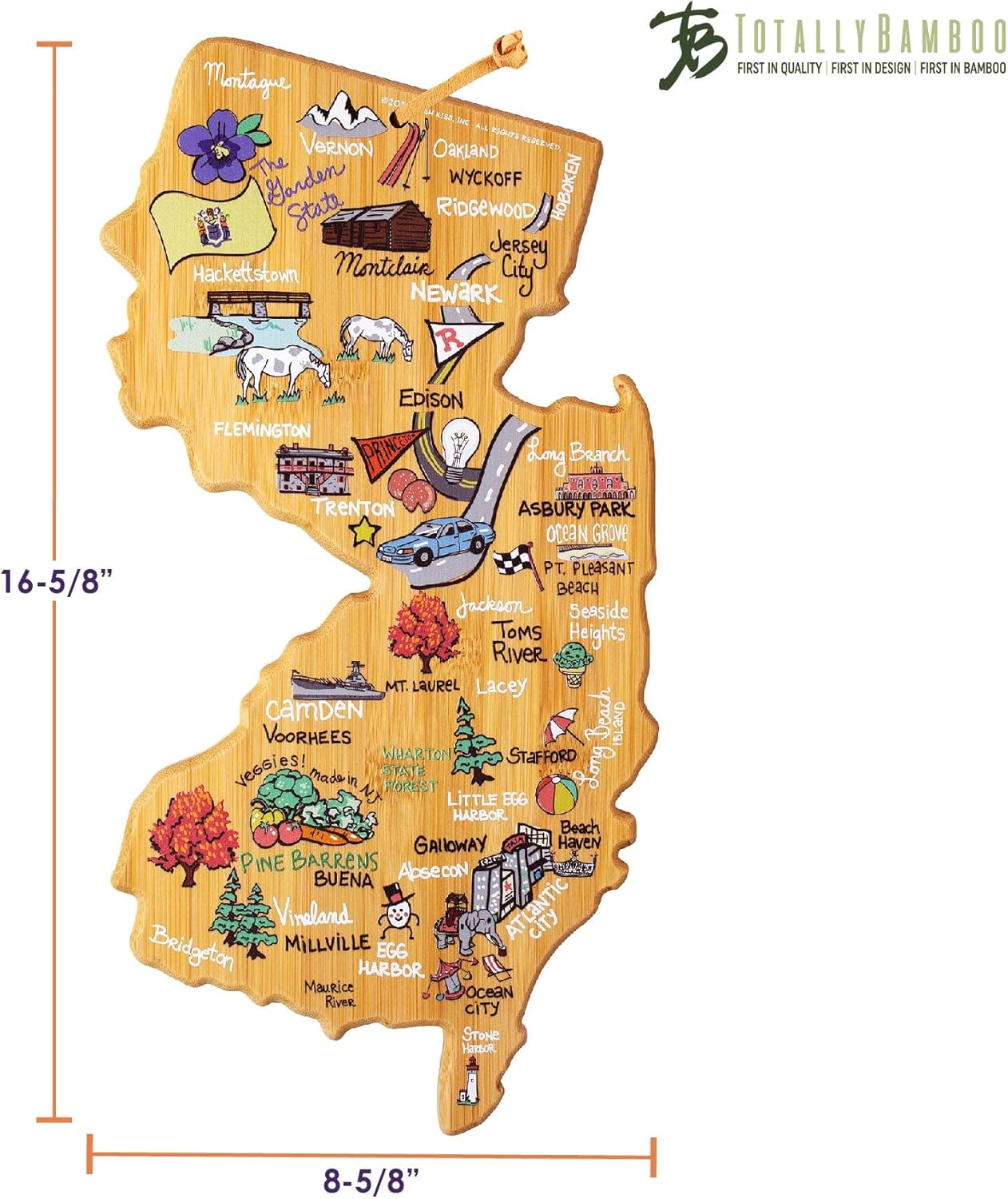 Totally Bamboo New Jersey State Shaped Cutting Board and Charcuterie Serving Platter with Artwork by Fish Kiss, Includes Hang Tie for Wall Display - Image 6