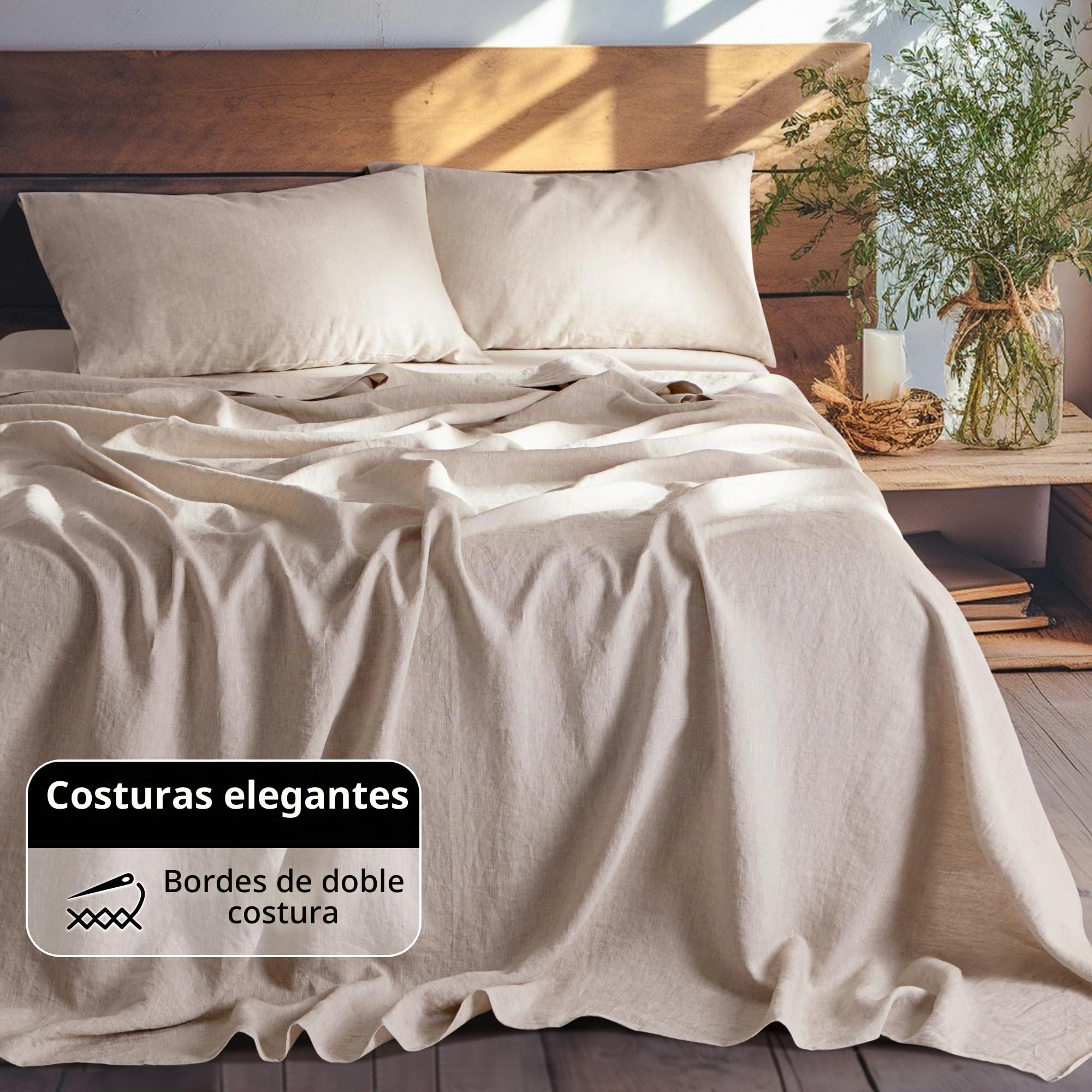 LBR02M - Juego de sábanas 100% de Lino, tamaño Queen, Juego de sábanas de 4 Piezas, Color Liso, Lino Natural, Ropa de Cama Suave y Transpirable, Bolsillo Profundo de 16 Pulgadas, para Todas Las