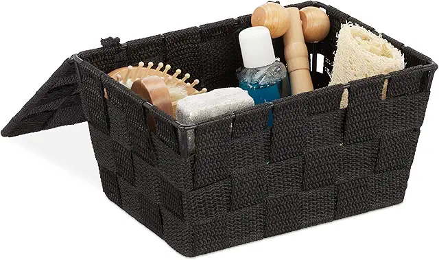 Black Plastic Storage Basket with Lid - 1.8L Bathroom Organizer for Makeup & More