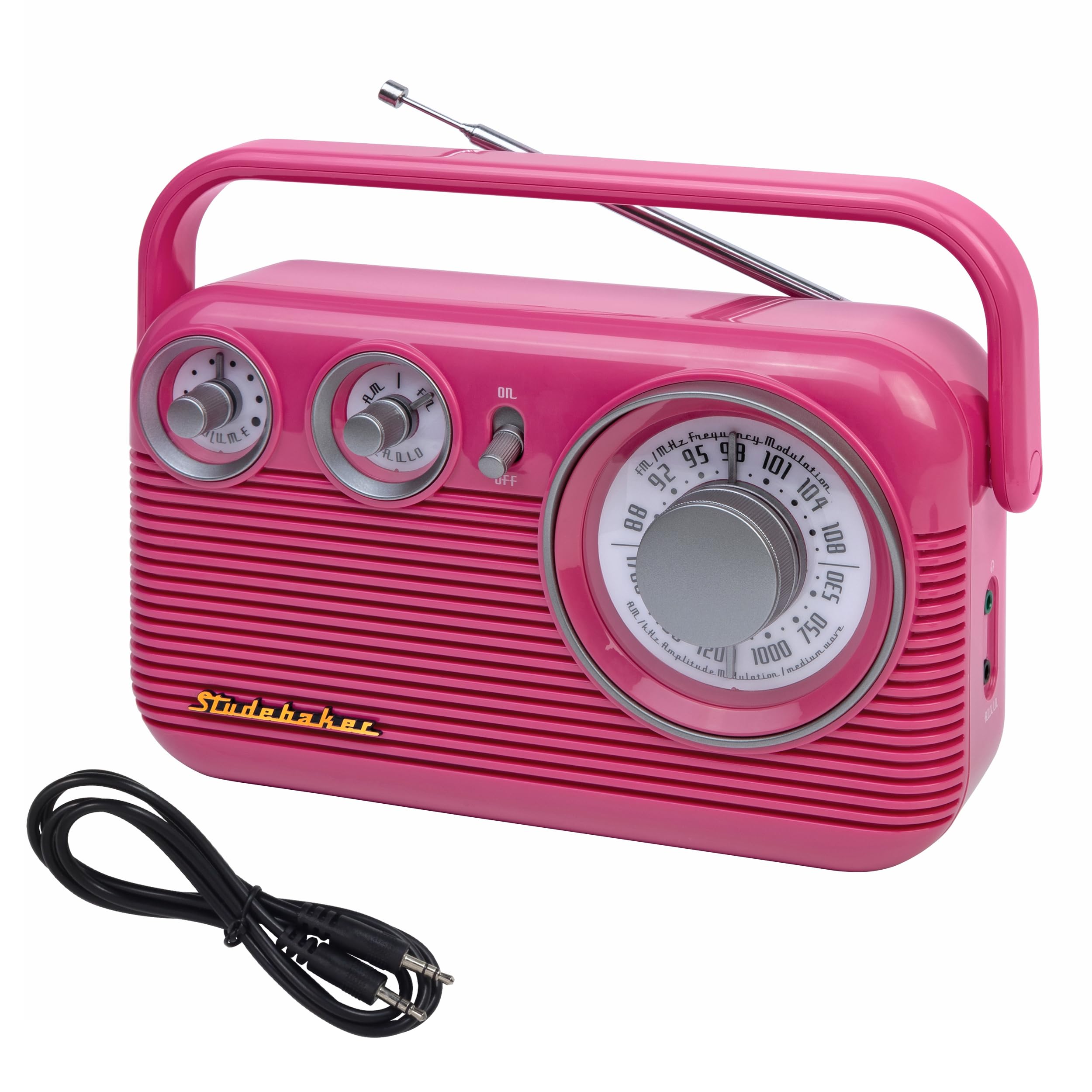 Studebaker SB2003 Retro Portable AM FM Radio | Built in Speaker | AC Powered/Battery | Aux-in Cable (Bundle) (Magenta)