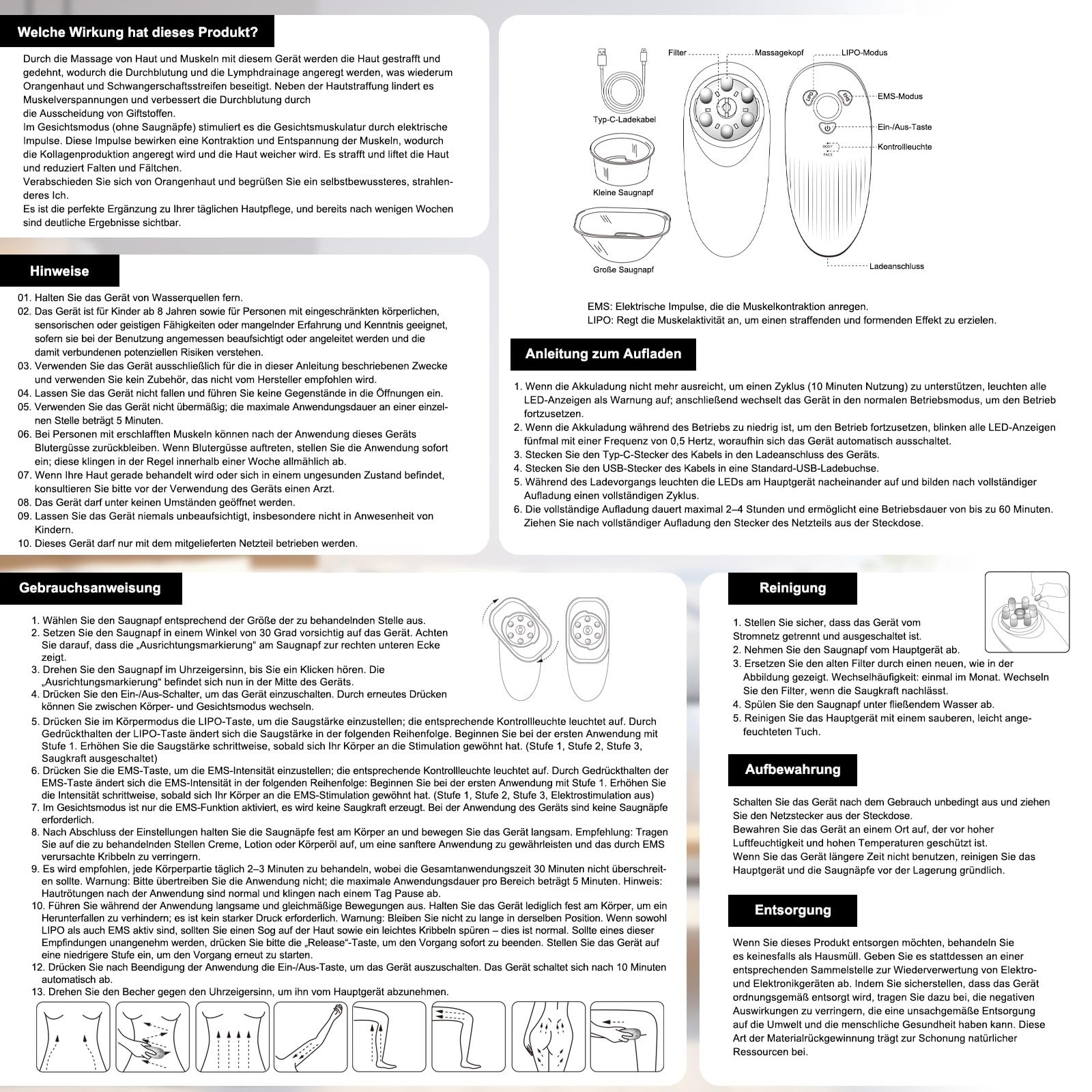 Massaggiatore a coppetta con vuoto, EMS e luce LED 3 in 1 – 3 livelli di aspirazione – massaggiatore elettrico per addome, gambe, glutei – uso domestico