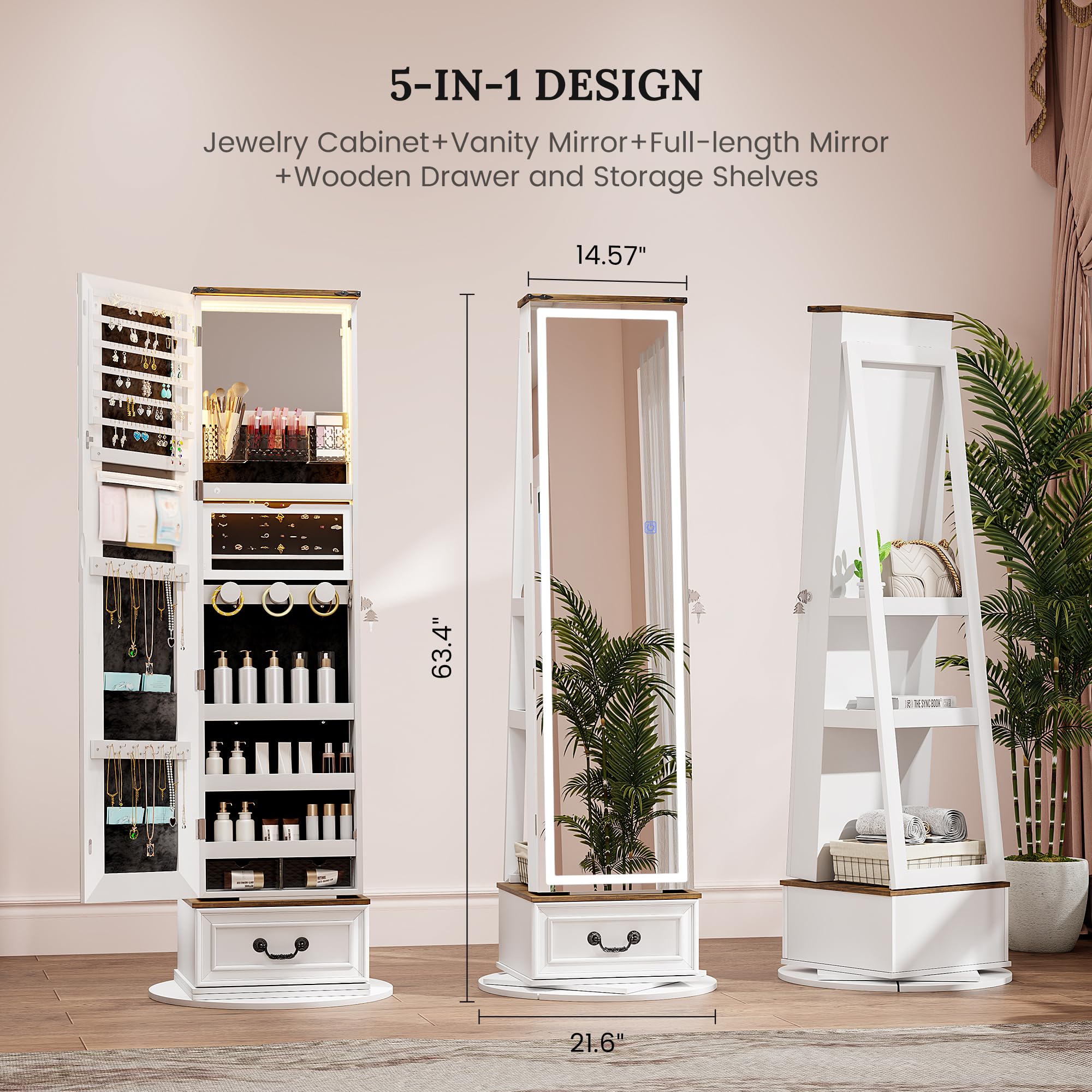 LVSOMT LED Mirror Jewelry Cabinet Standing, 360°Swivel Jewelry Armoire with Full Length Mirror, Mirror with Jewelry Storage and Large Wooden Drawer for Christmas Gifts (): Farmhouse White