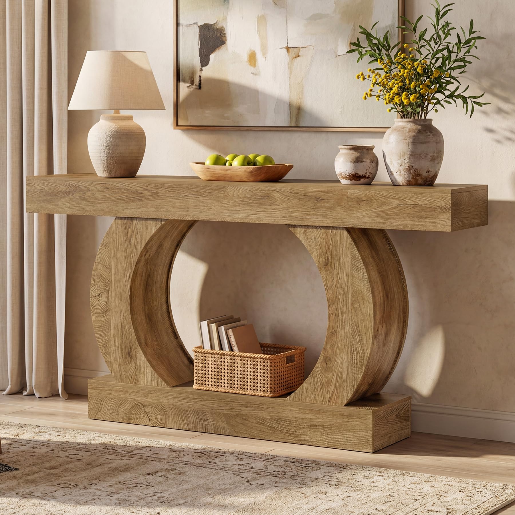 Tribesigns 59-Inch Curved Console Table, Rustic Farmhouse Entryway Table with Unique Circular Base & 2-Tier Open Shelf, Modern Sofa Table for Behind Couch, Hallway, Foyer – Oak