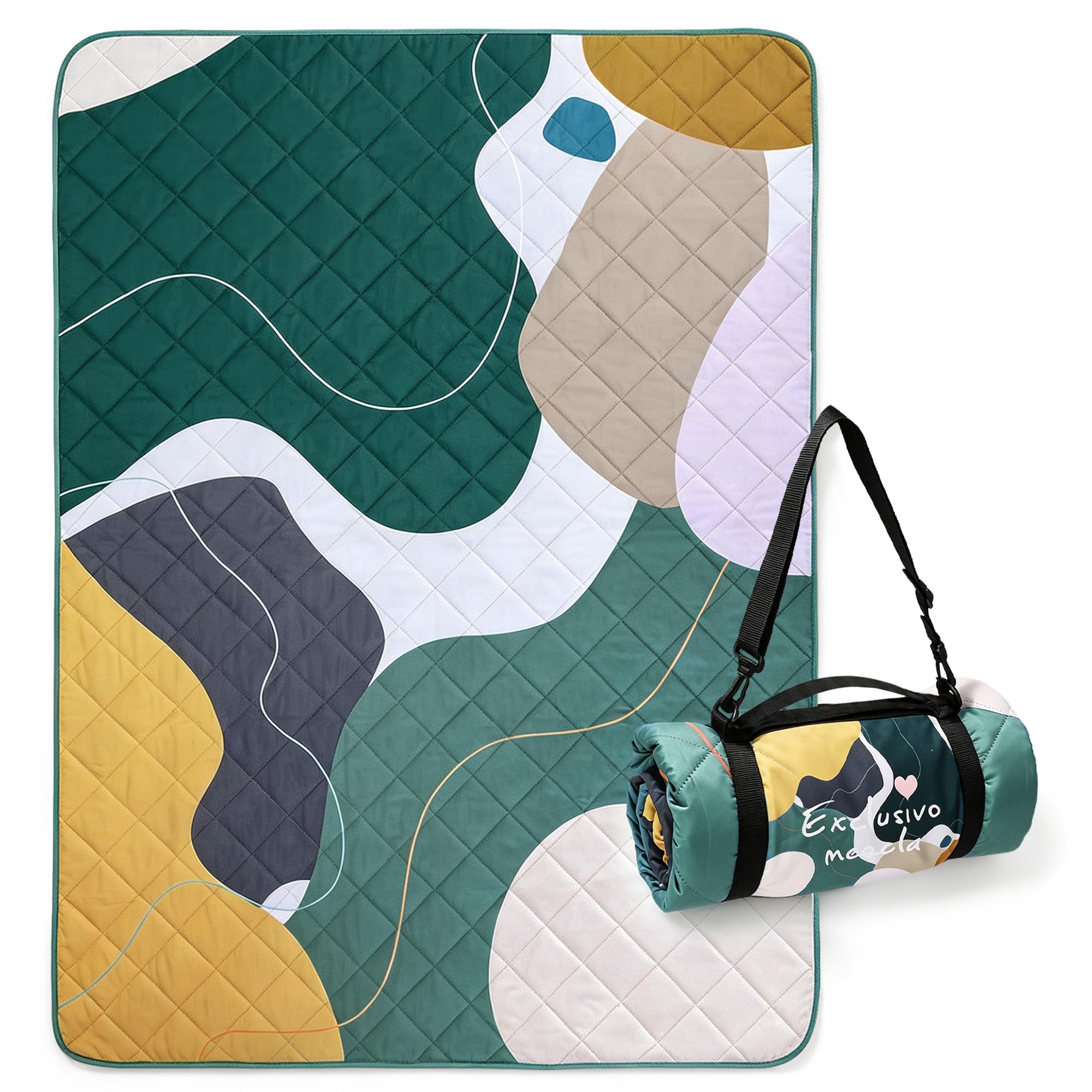 Exclusivo Mezcla Waterproof Picnic Blankets 3-Layer 60x80 Inches Large Sandproof Beach Blanket Foldable Outdoor Blanket for Camping on Grass Picnic Mat with 4 Windproof Stakes, Abstract Green | 3-Layer, Sandproof Outdoor Picnic Blanket for Park, Beach,Hiking, Camping Essentials, with Shoulder Strap, Abstract Green-image-19