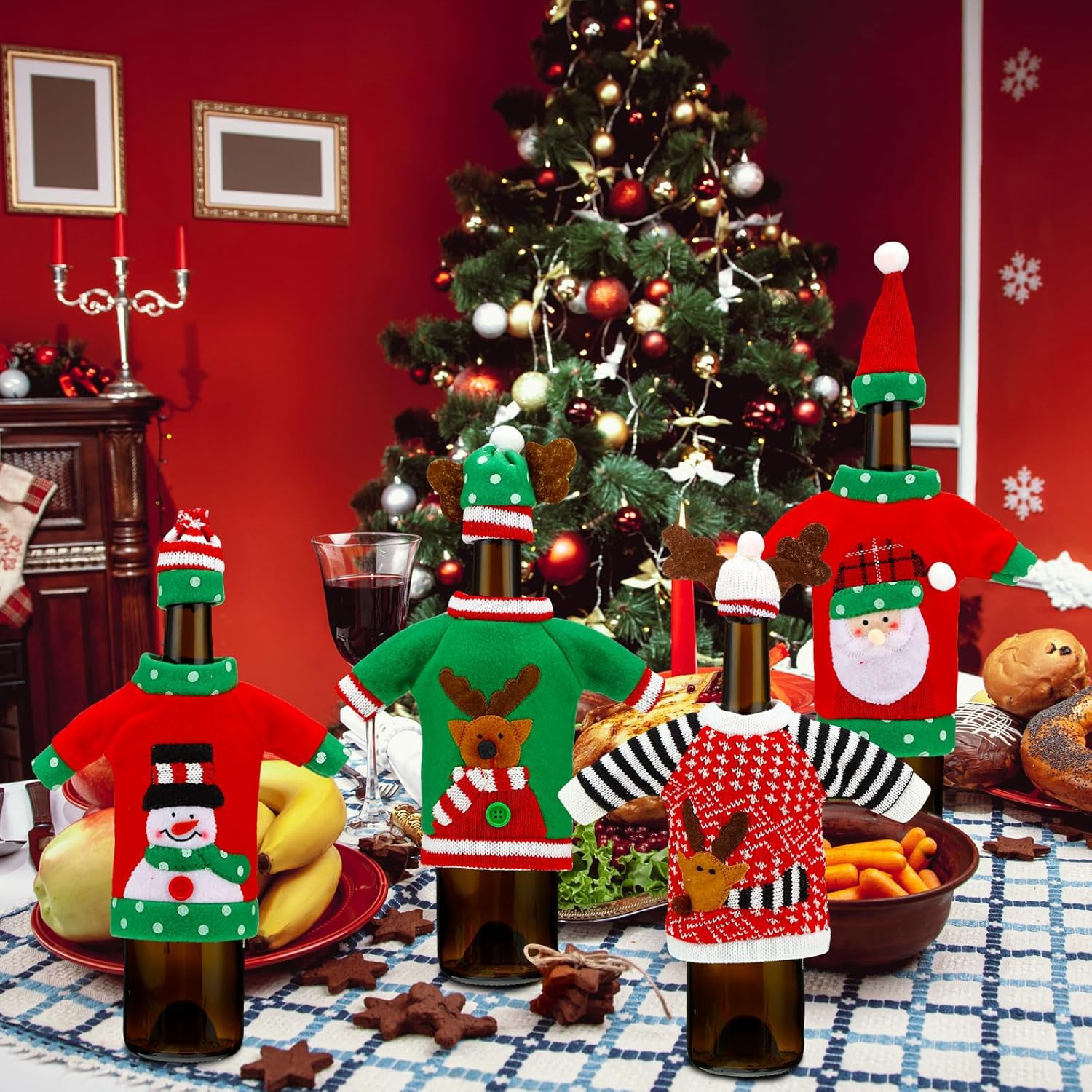 16 Sets Christmas Wine Bottle Covers,Ugly Sweater Wine Bottle Sweater Cover with Hat Knitted Dress Snowman Elk Santa Holiday Wine Bottle Sweaters Cover for Christmas Party Decorations, 8 Styles
