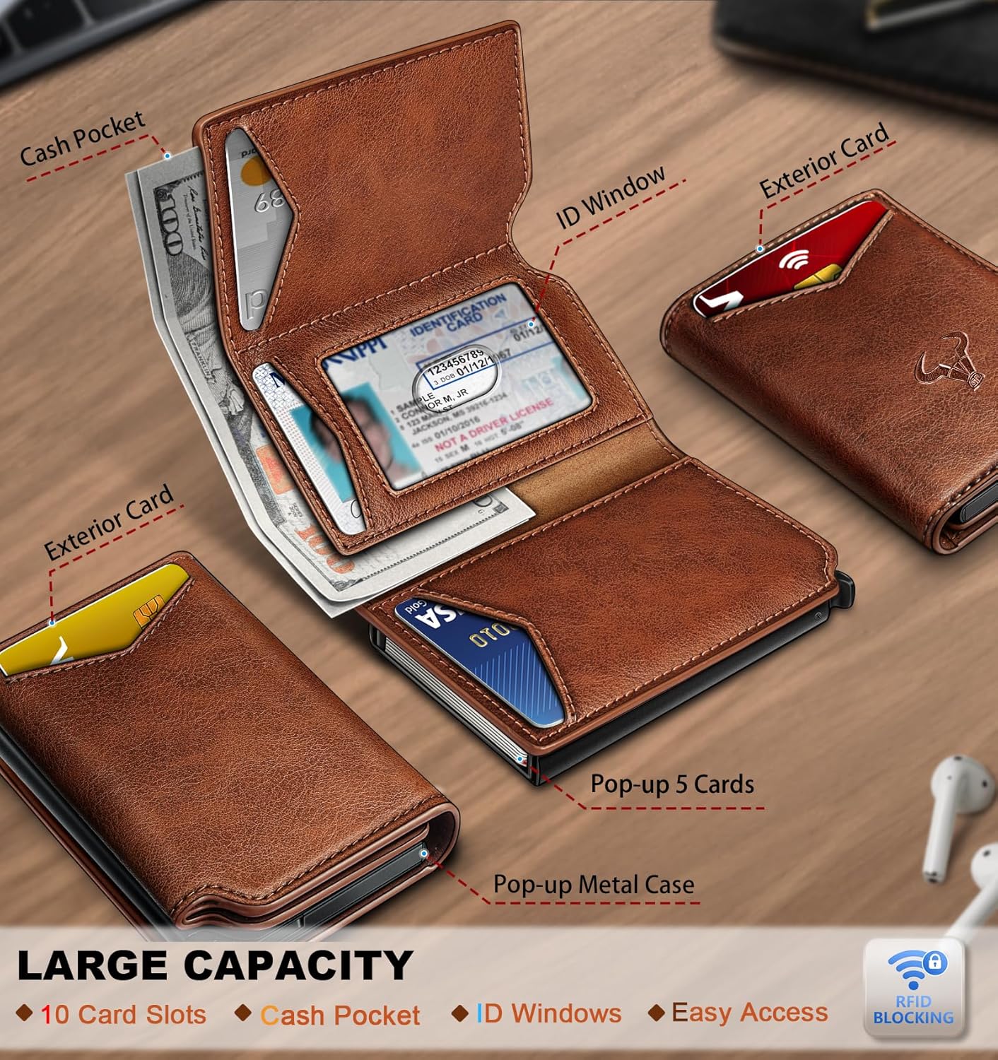 BULLIANT Men Wallet Leather Wallet Card Holders Money Clip for Men 10Cards-Magnetic Flip on Metal Case - Image 3