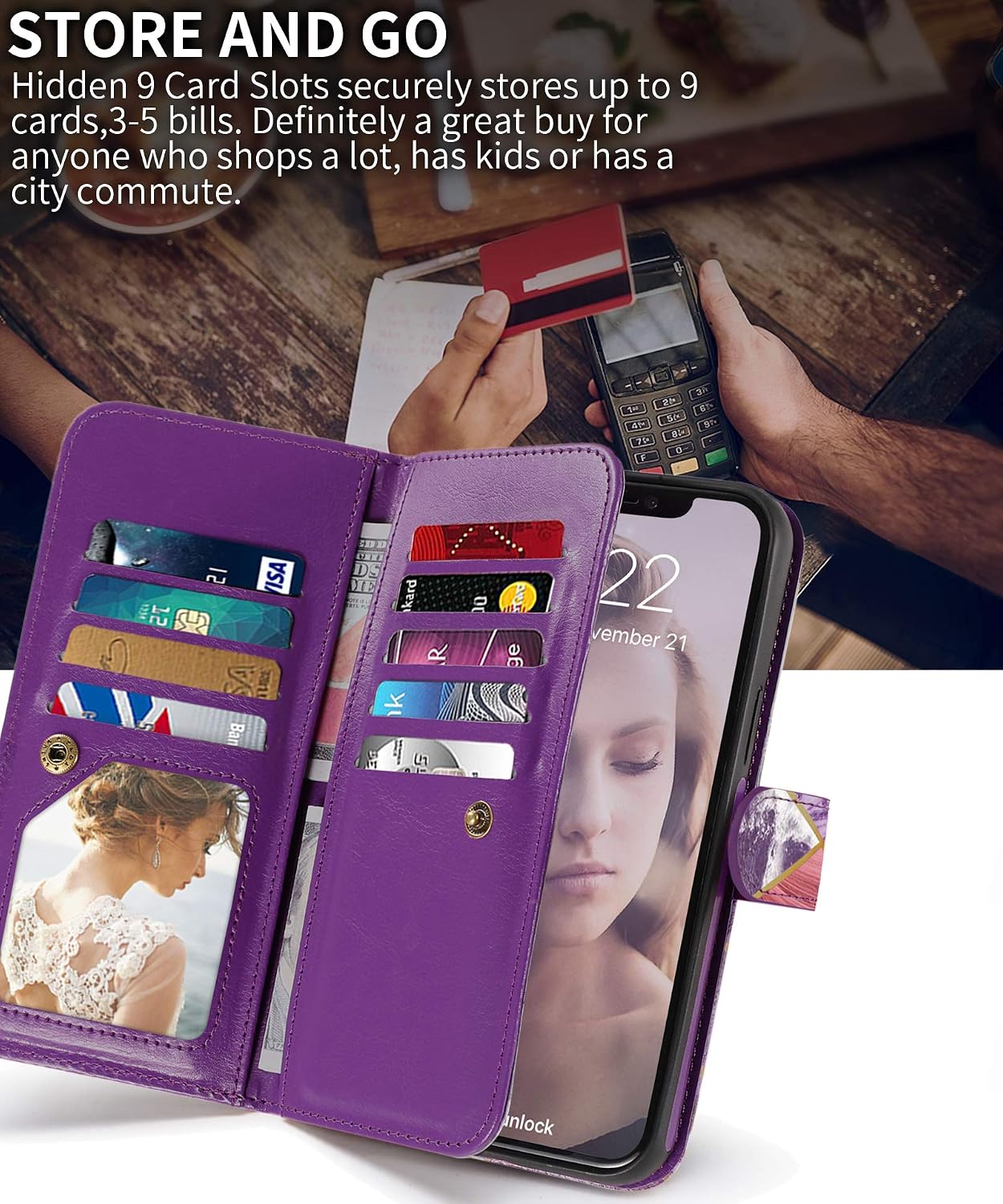 CASEOWL iPhone 11 Case, iPhone 11 Wallet Cases Magnetic Detachable with 9 Card Slots, Hand Strap, Marble Pattern 2 in 1 Folio Flip Leather Wallet & TPU Protective Case for Women Girls, Purple