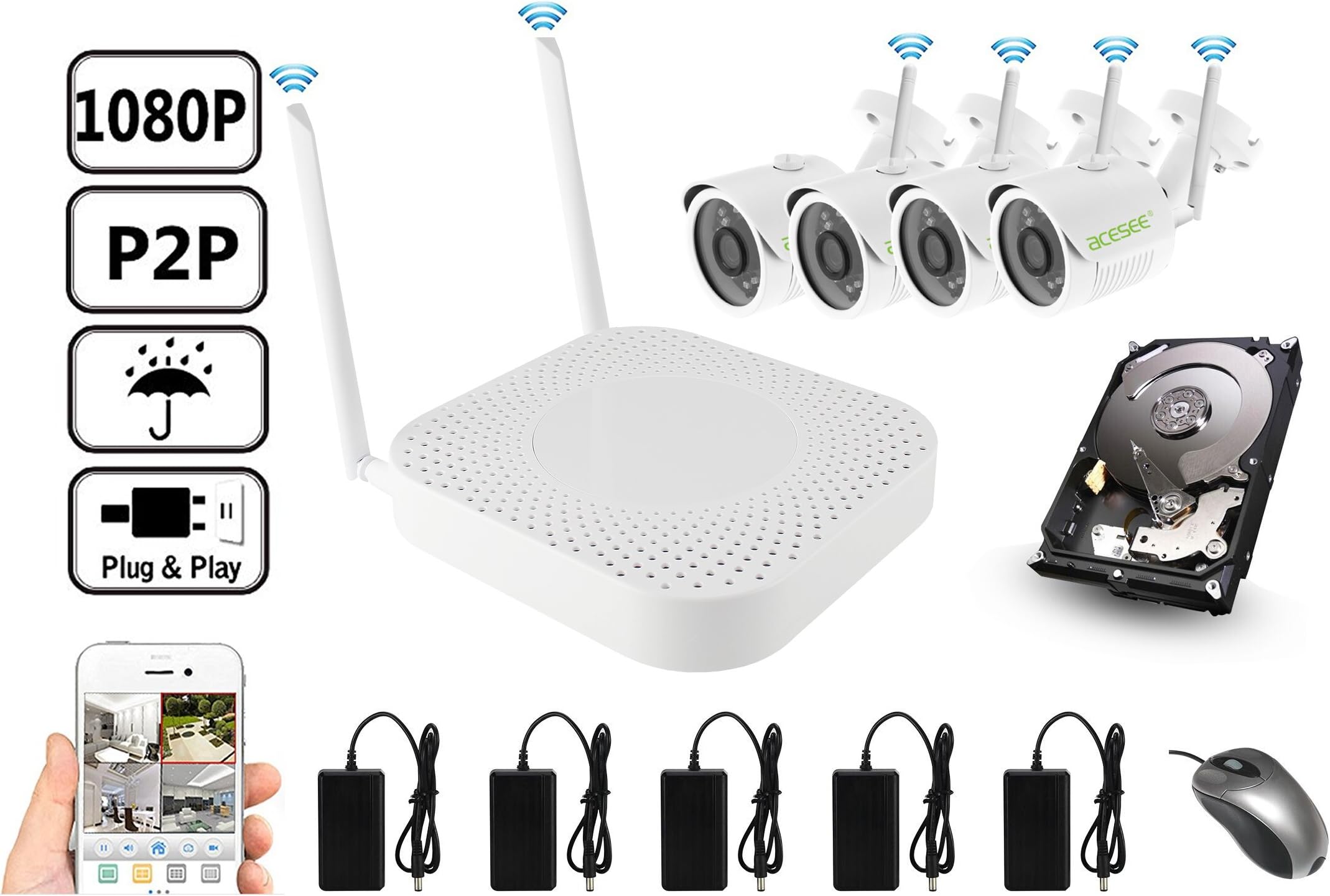 Acesee 1080P HD 4CH IP Cameras WIFI NVR Kit Home Security Camera System Wireless Set Surveillance Camera Kit Recorder Video CCTV With 1TB HDD Pre install Night Vision Plug and Play AUTOPAIR 410HYW