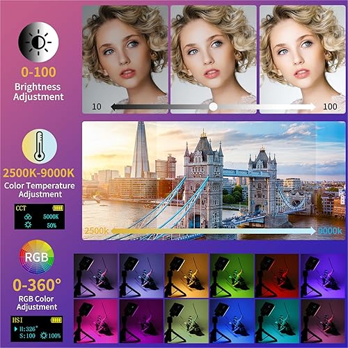 Miniatura 2 de VRIG VL140 Luz de video RGB, luz de cámara RGB portátil, batería de 3600 mAh, 360 efectos de luz a todo color, 20 efectos de luz, CRI95 2500-9000K