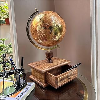 8 Inches Gold Foil Stamp Map With Wood Texture Decorative Spinning World Globe with Wooden Storage Drawer for Home Decor & Office Table,Corprate Gift Item,Student Globe