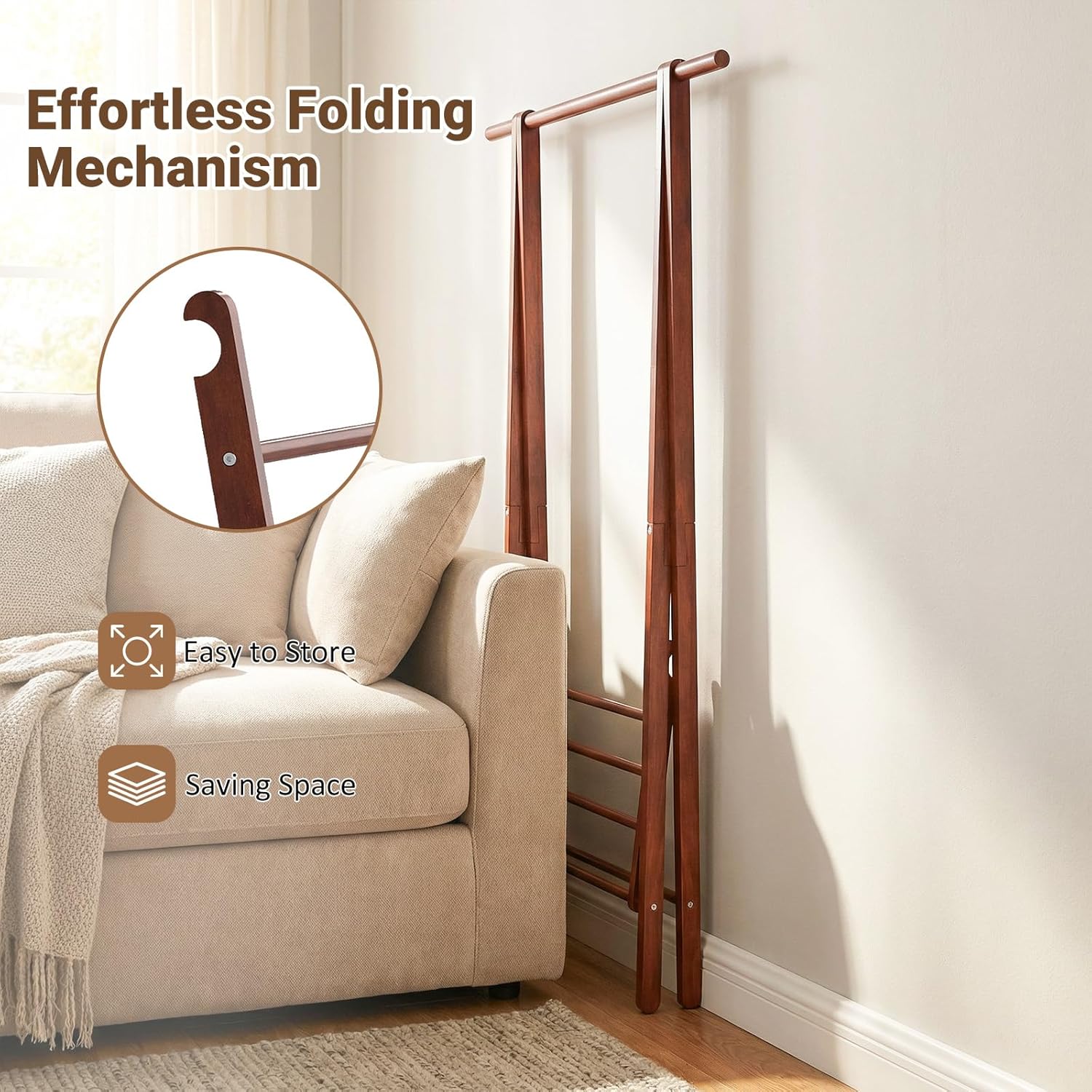 Giantex Folding Clothes Rack, Solid Rubber Wood Clothes Hanging Stand with Storage Shelf for Garments Hats Handbags, Wooden Clothing Rack for Bedroom, Living Room, Entryway