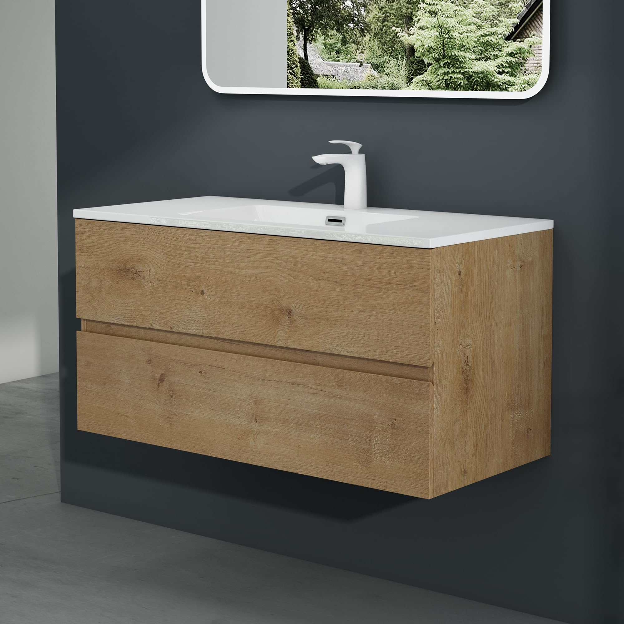 Mai & Mai Meuble sous Lavabo Marron Clair Ensemble de Meubles de Salle de Bains 80x48x50cm Meuble Suspendu avec 2 Tiroirs Desgin AQU
