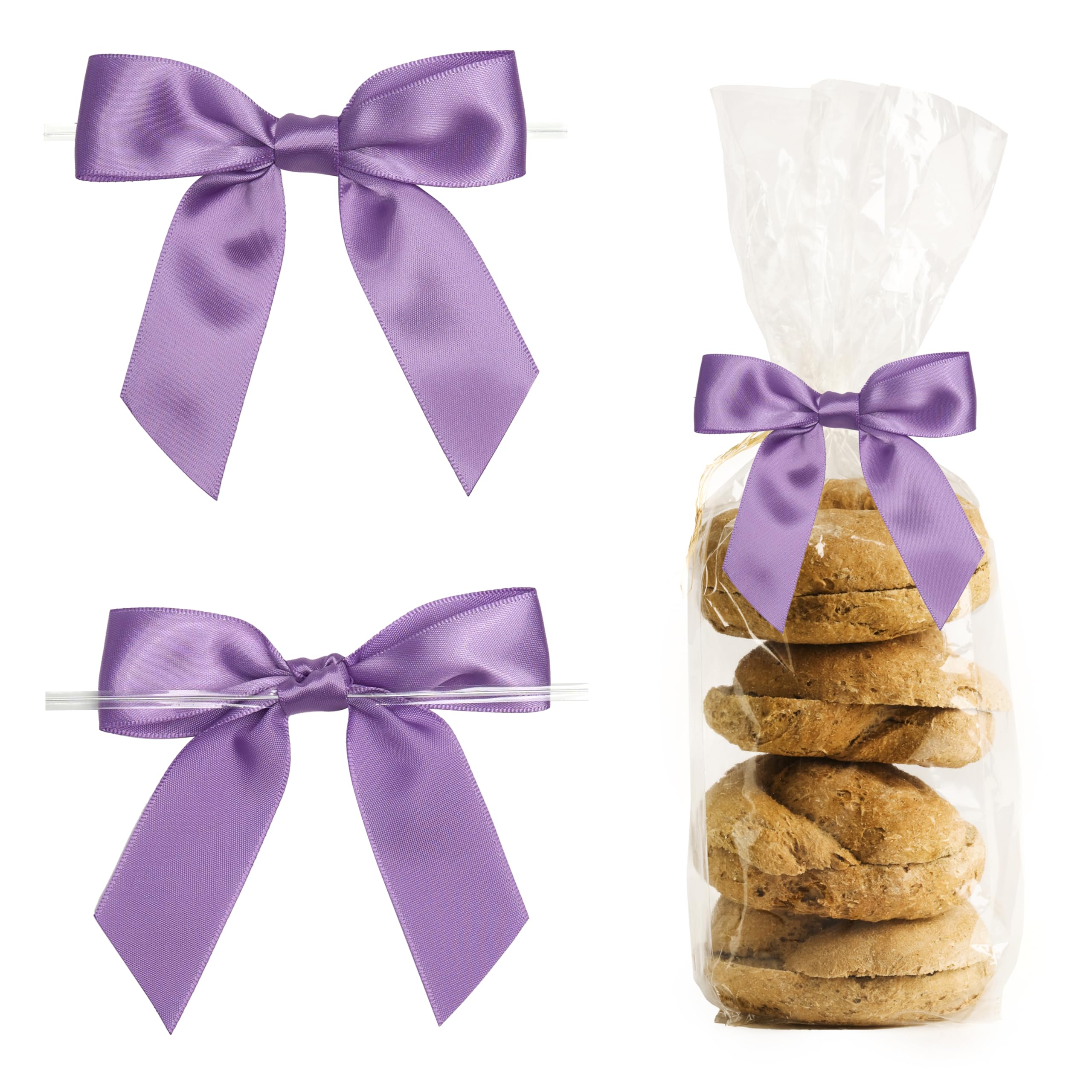 LIZLOVESS Purple Twist Tie Bows for Treat Bags 3.5" Pre-Tied Lavender Satin Ribbon Bows for Gift Wrapping, Crafts, Party Favors, Wedding, Baby Shower